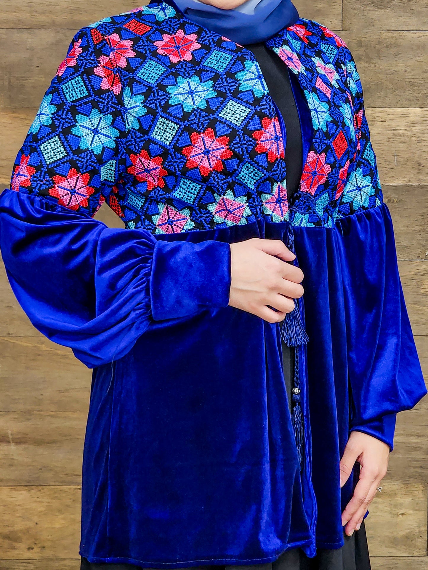 Embroidered tatreez jacket - velvet - bell sleeves - blue floral