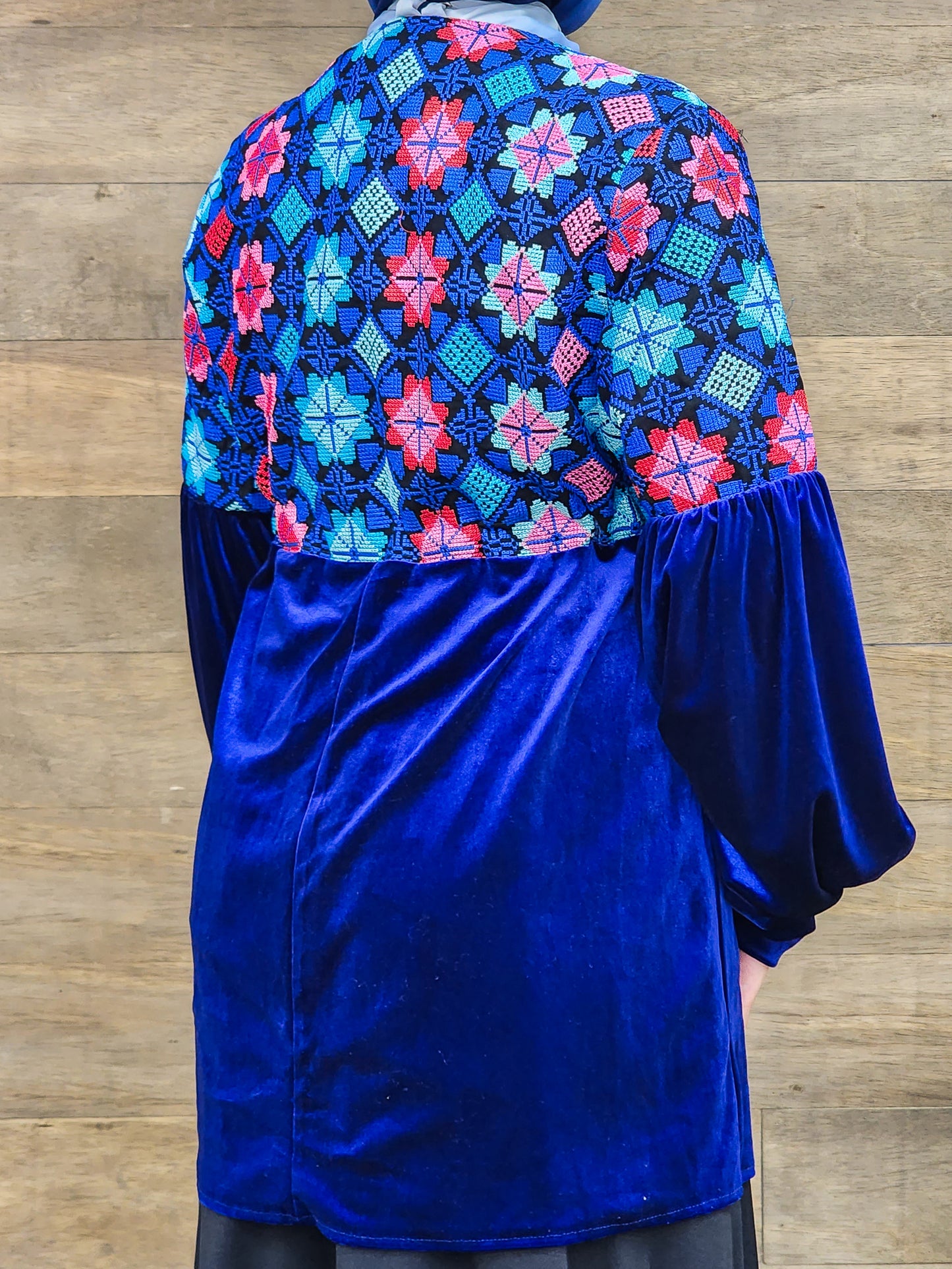 Embroidered tatreez jacket - velvet - bell sleeves - blue floral