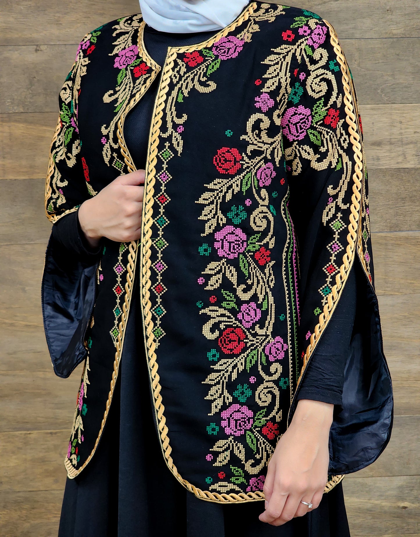 Tatreez Split Sleeve Jacket-Black with Gold & Multi-color Accents