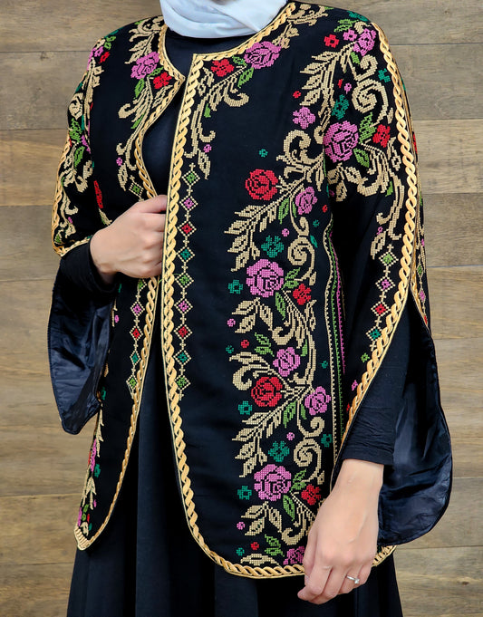 Tatreez Split Sleeve Jacket-Black with Gold & Multi-color Accents