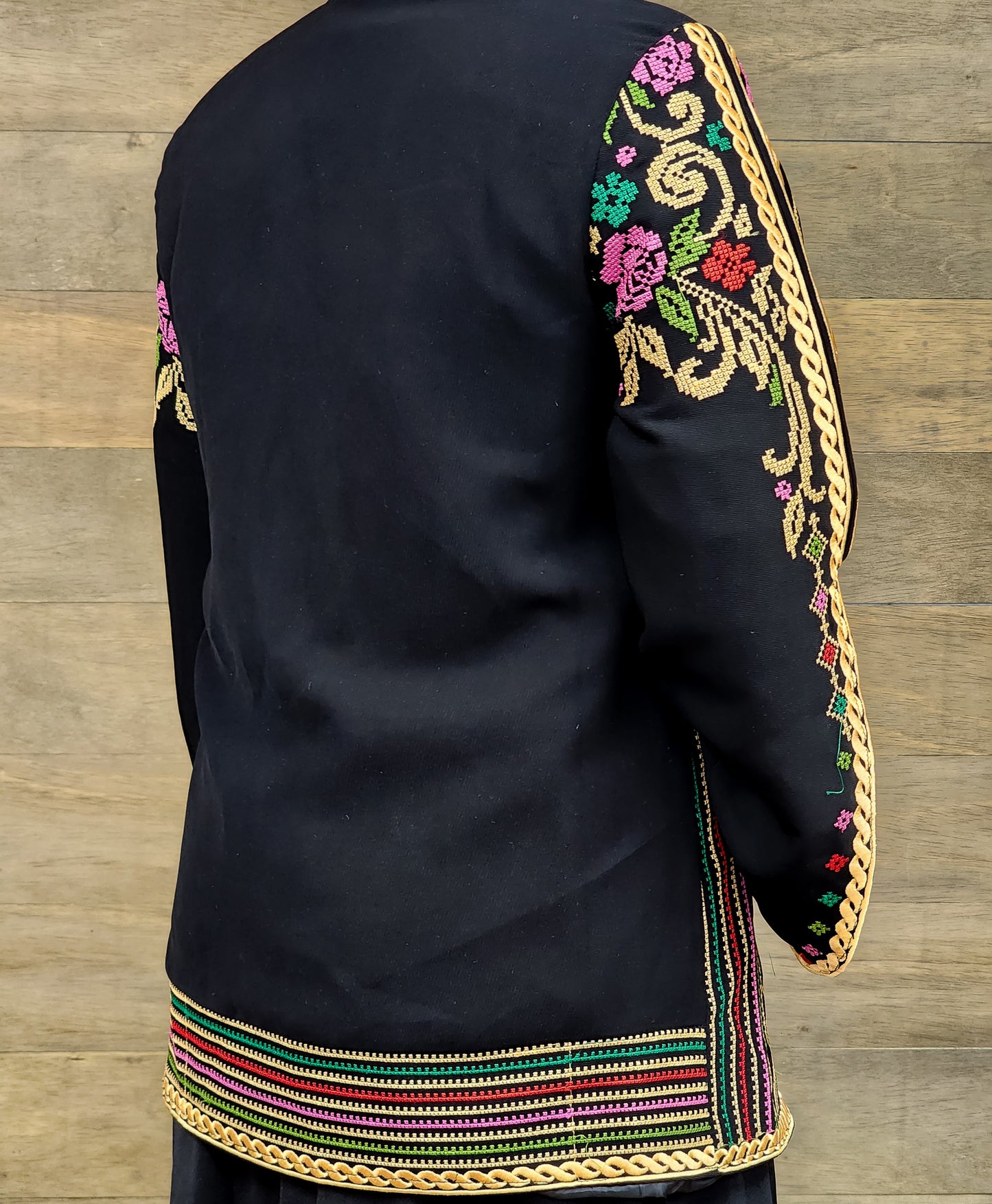 Tatreez Split Sleeve Jacket-Black with Gold & Multi-color Accents