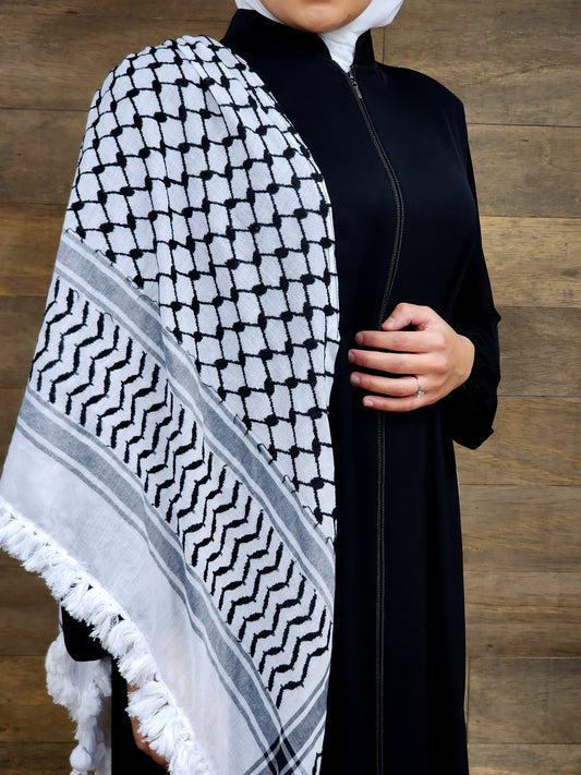 Abaya with shoulder draped Palestinian keffiyeh accents