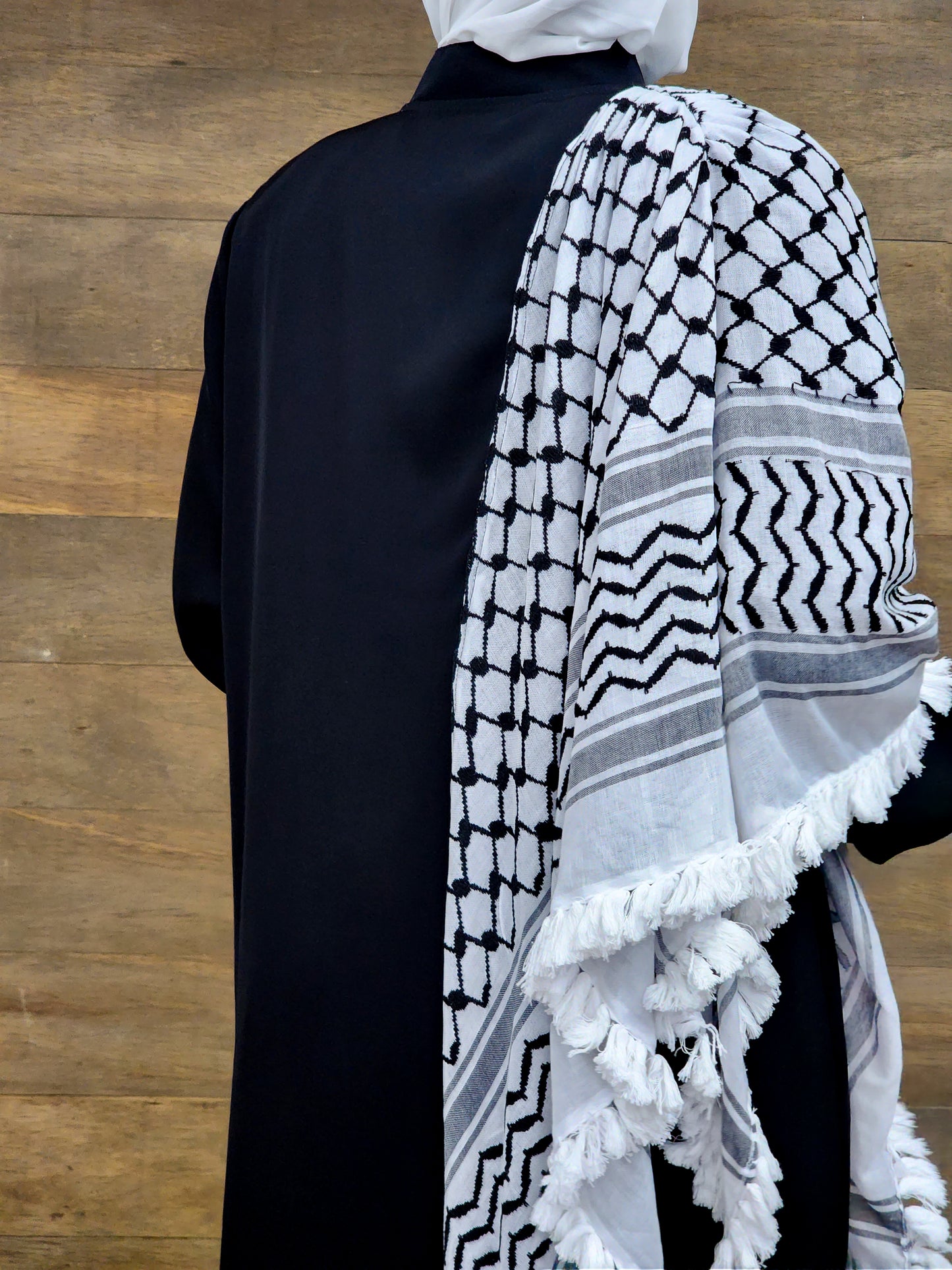 Abaya with shoulder draped Palestinian keffiyeh accents