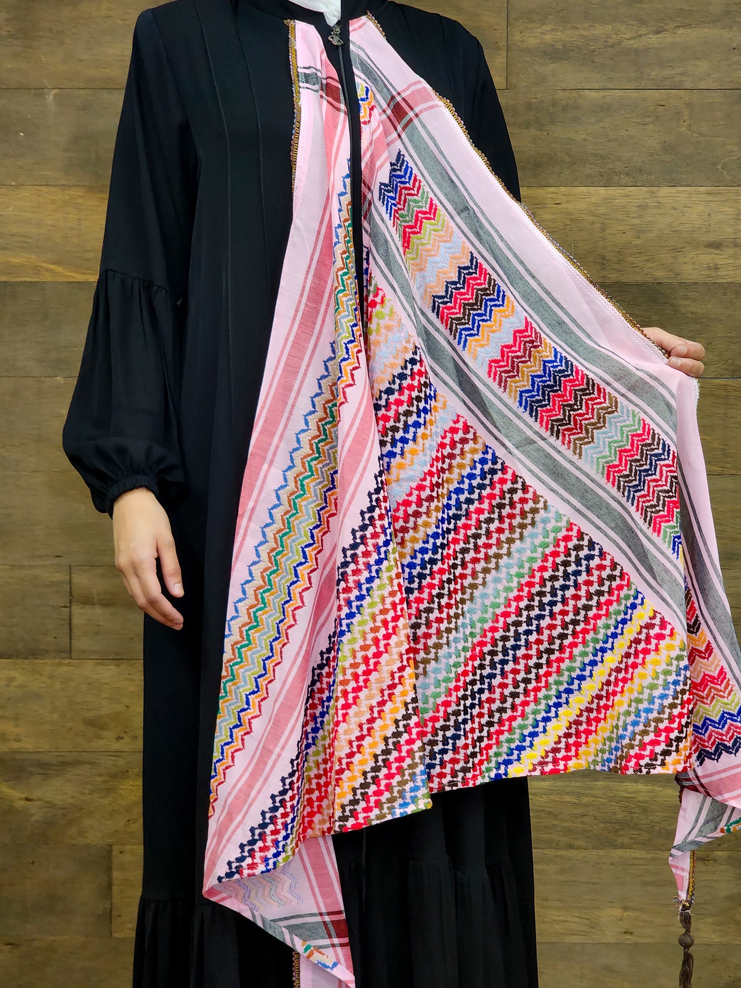 Abaya with colored keffiyeh front design