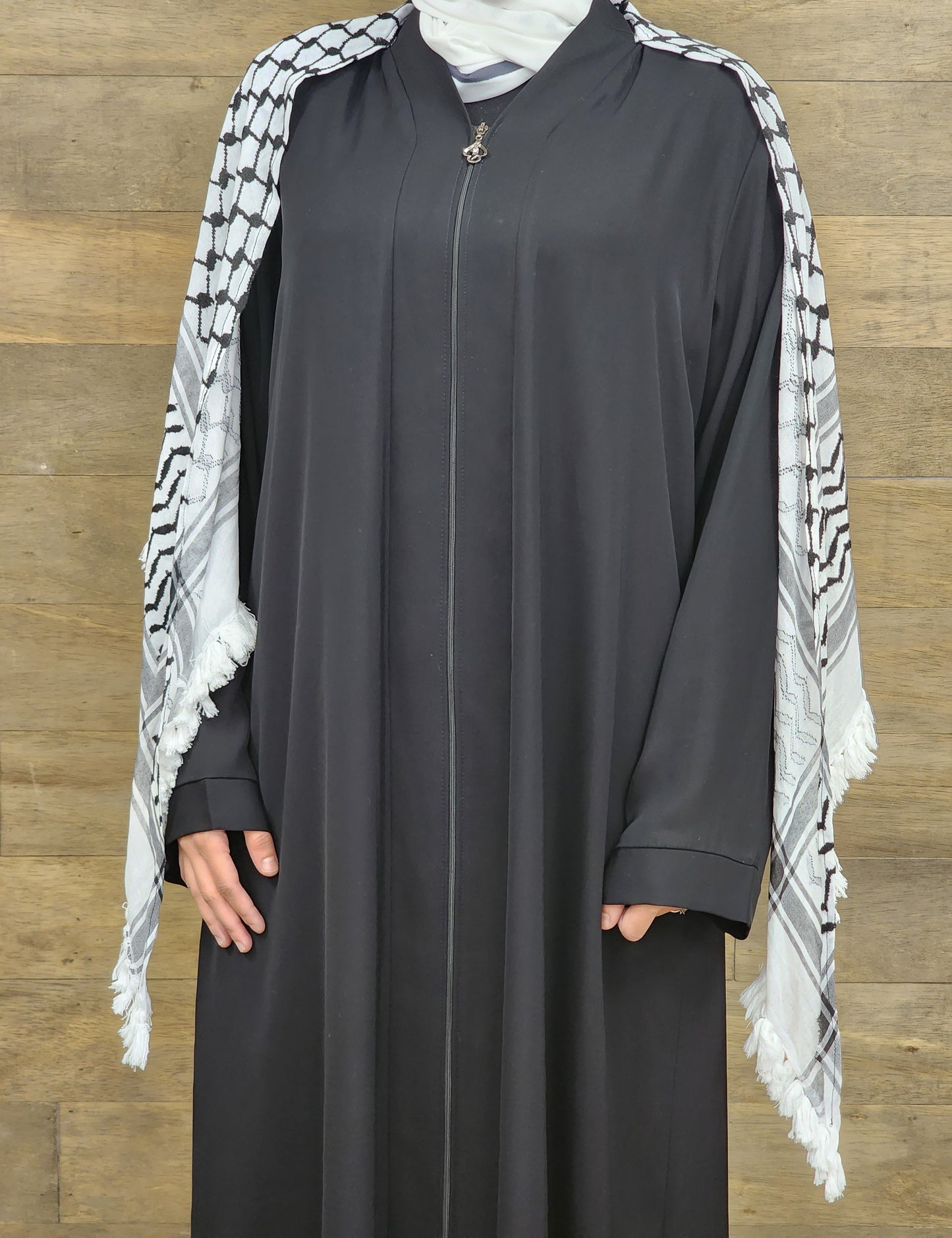 Abaya with Back-draped Sewn-on Palestinian keffiyeh