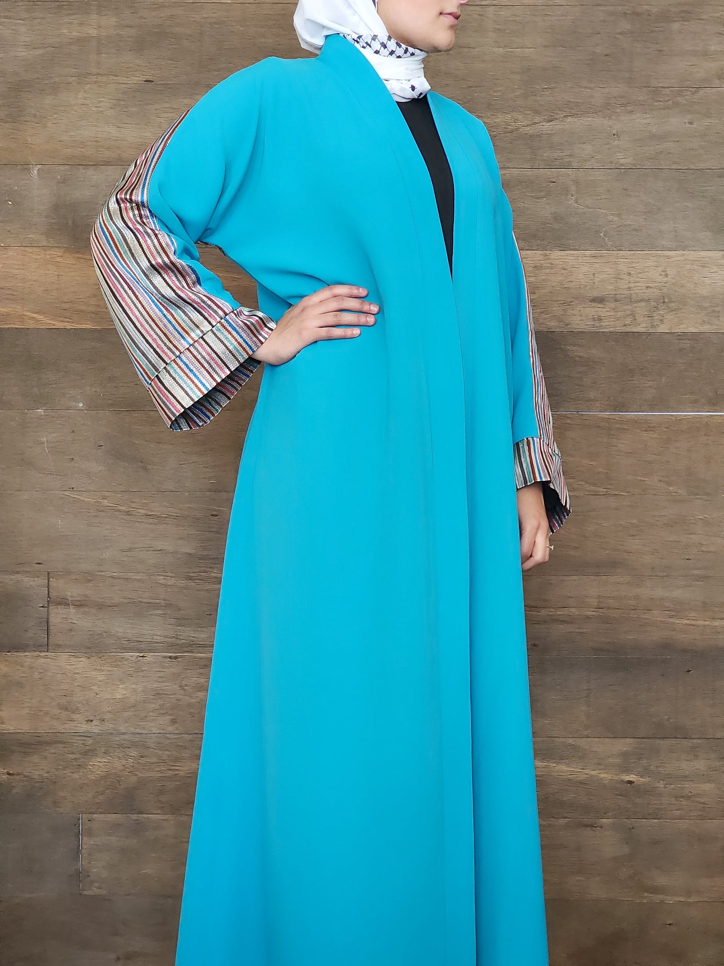 Handmade One-of-a-Kind Open Abaya with Saya accents - turquoise