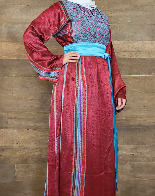 Handmade One-of-a-Kind Traditional Saya Thobe Dress with Matching Satin Belt | Ruby Red & Blue