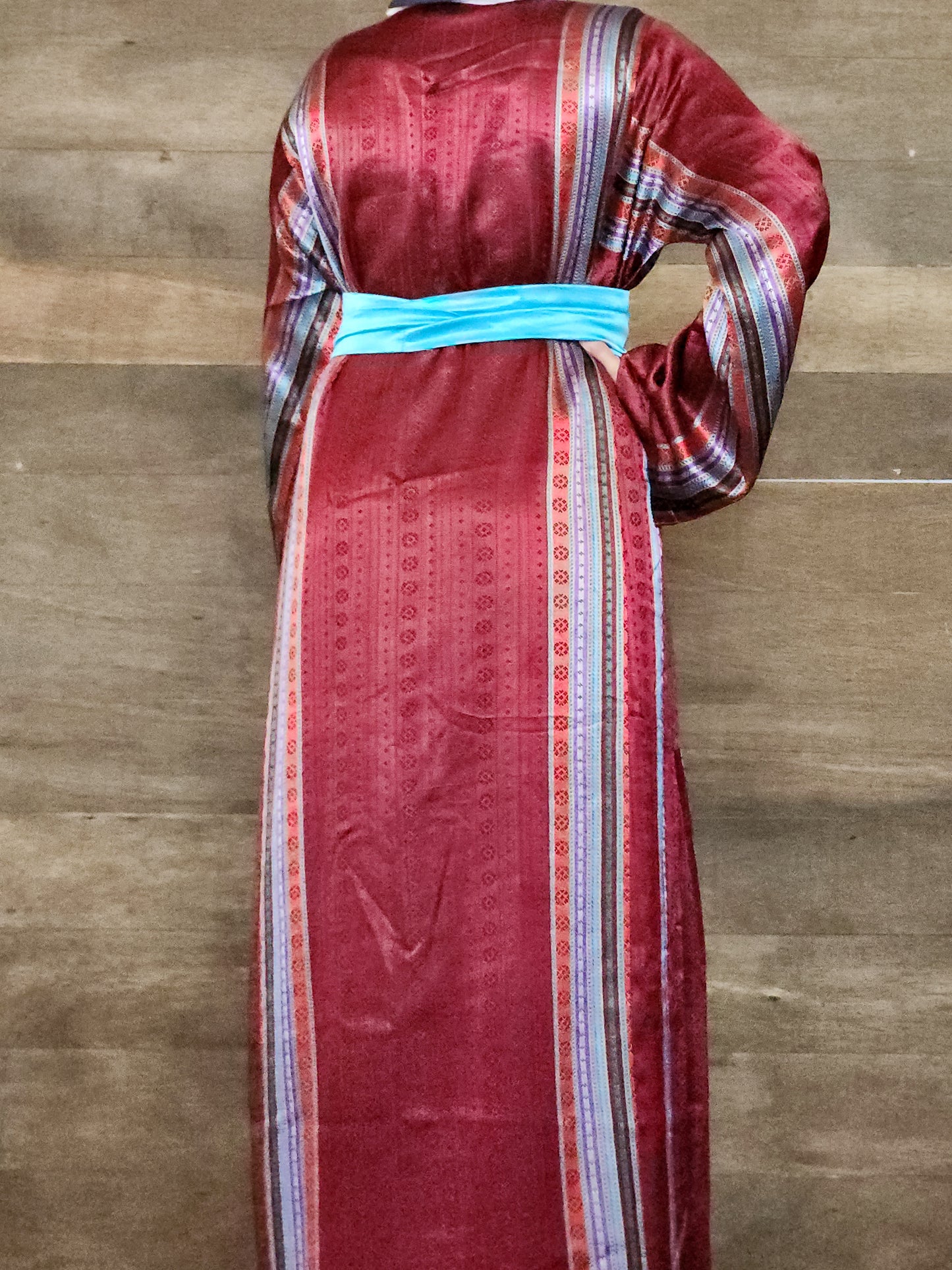 Handmade One-of-a-Kind Traditional Saya Thobe Dress with Matching Satin Belt | Ruby Red & Blue