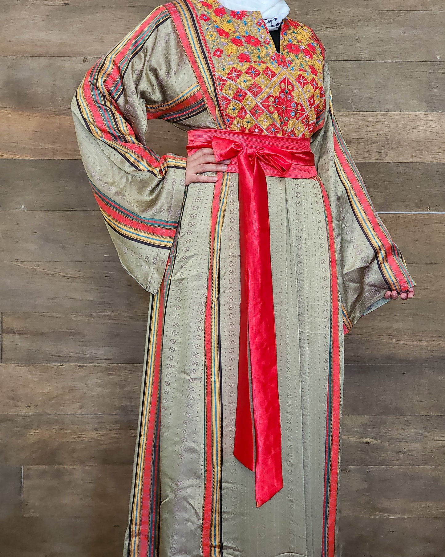 Handmade One-of-a-Kind Traditional Saya Dress with Matching Satin Belt | Sage & Red