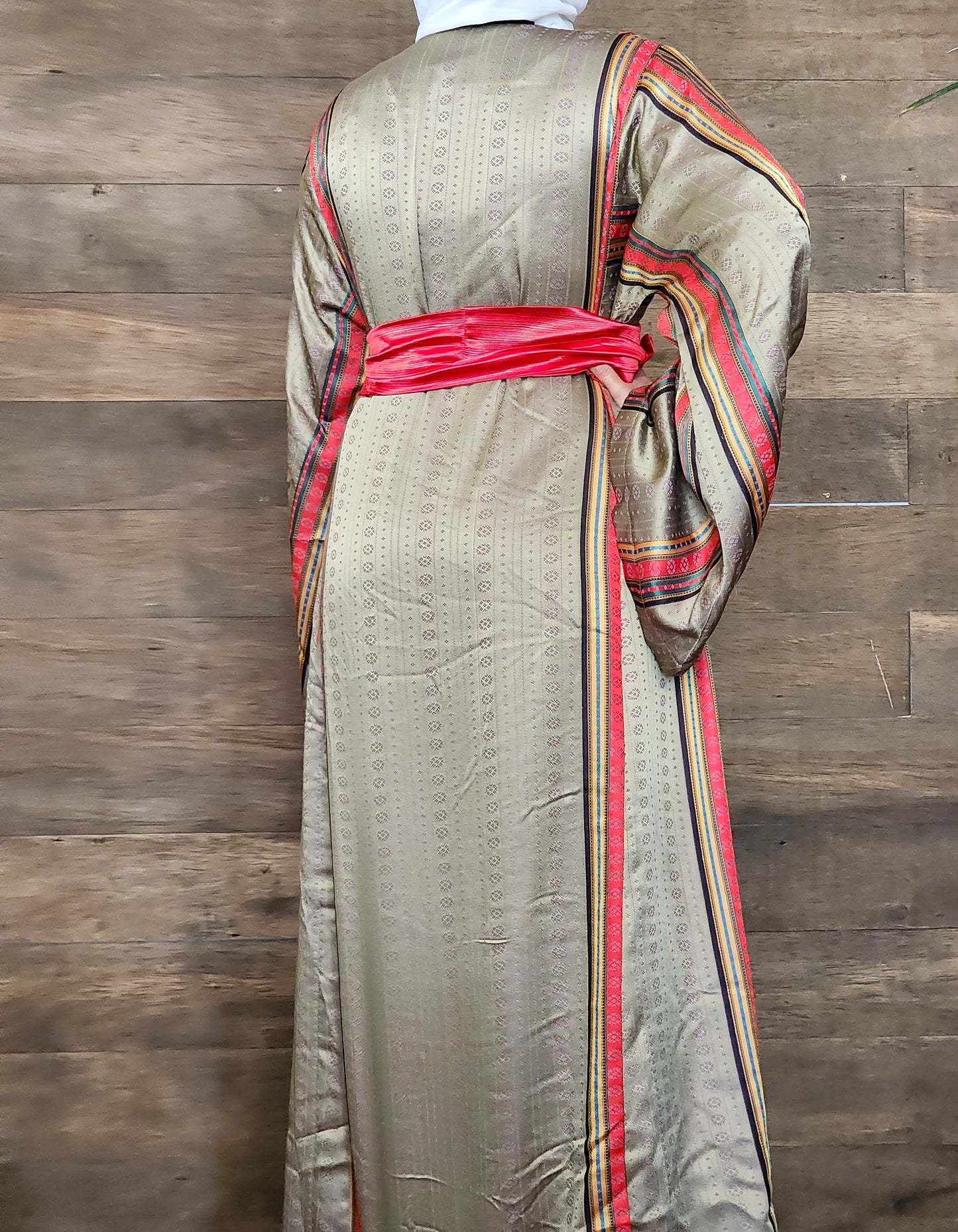 Handmade One-of-a-Kind Traditional Saya Dress with Matching Satin Belt | Sage & Red