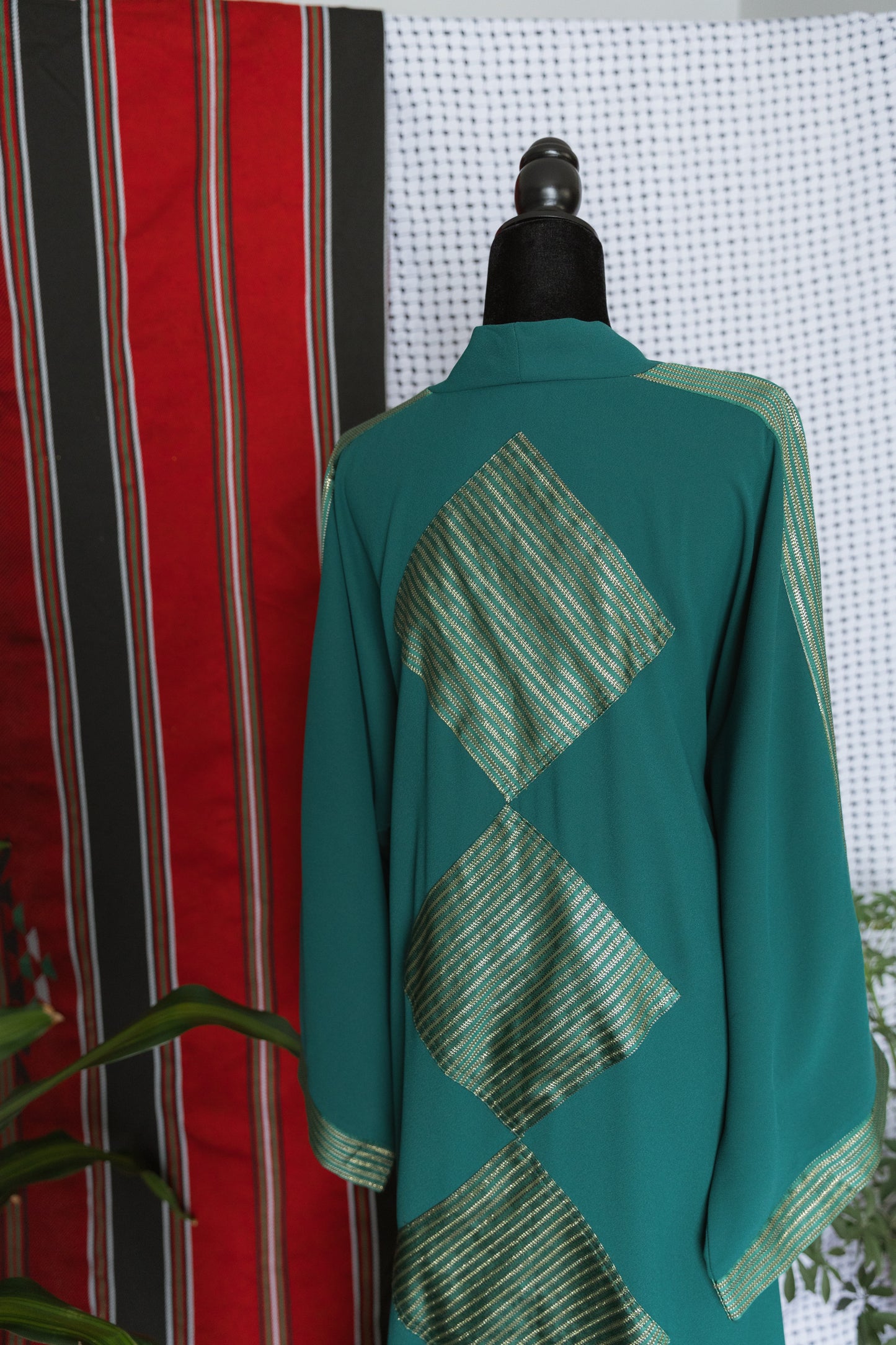 Handmade One-of-a-Kind Open Abaya with saya accents - emerald