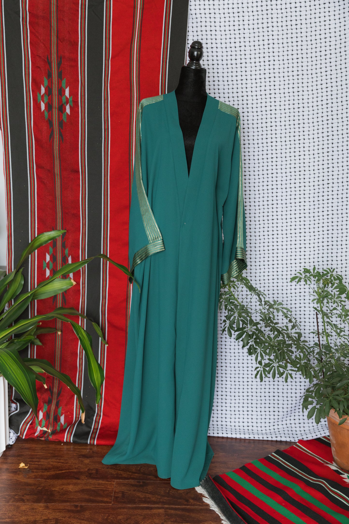 Handmade One-of-a-Kind Open Abaya with saya accents - emerald