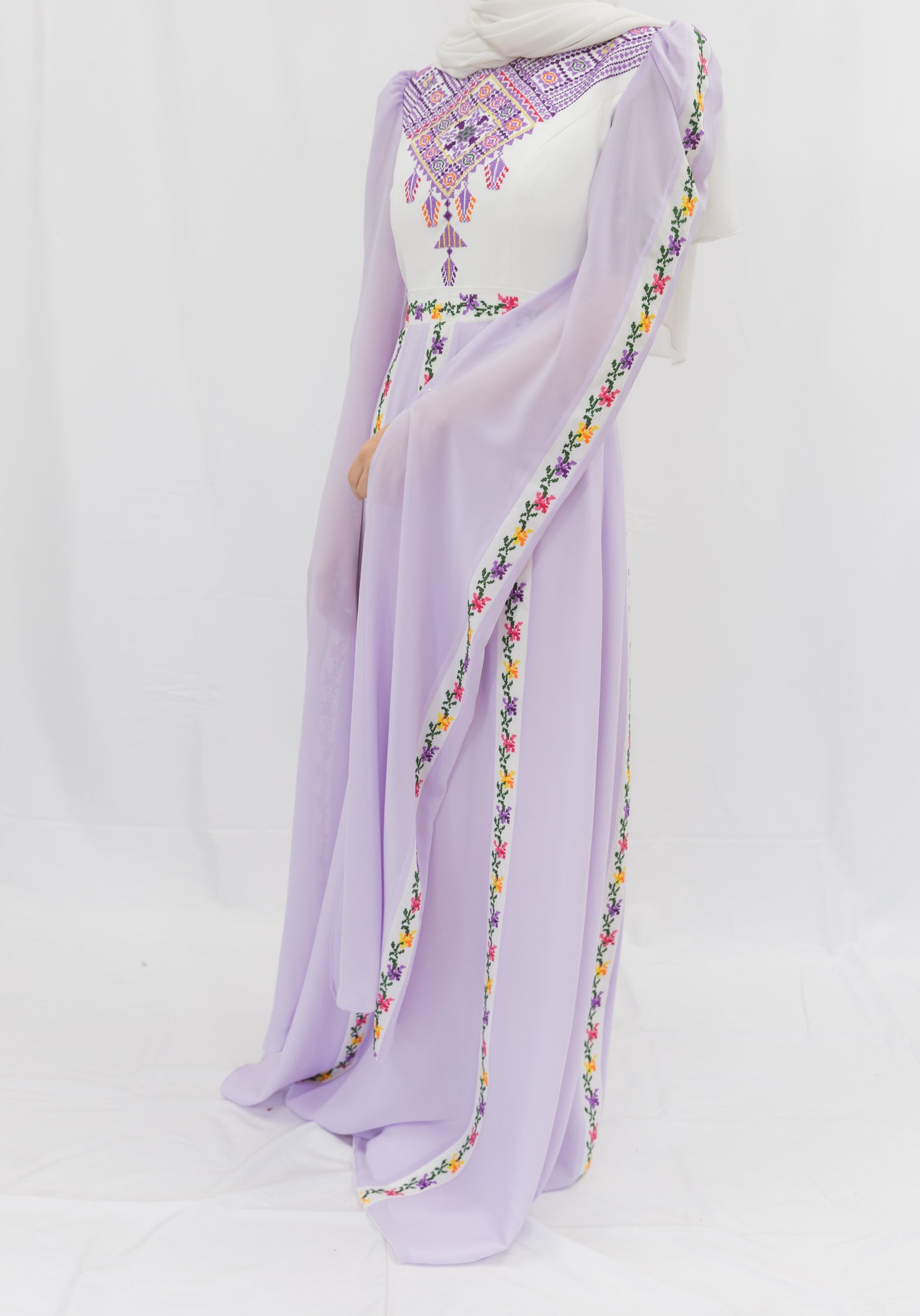 Handmade One-of-a-Kind Modern Tatreez Dress with Trailing Sleeves (Lavender Purple)