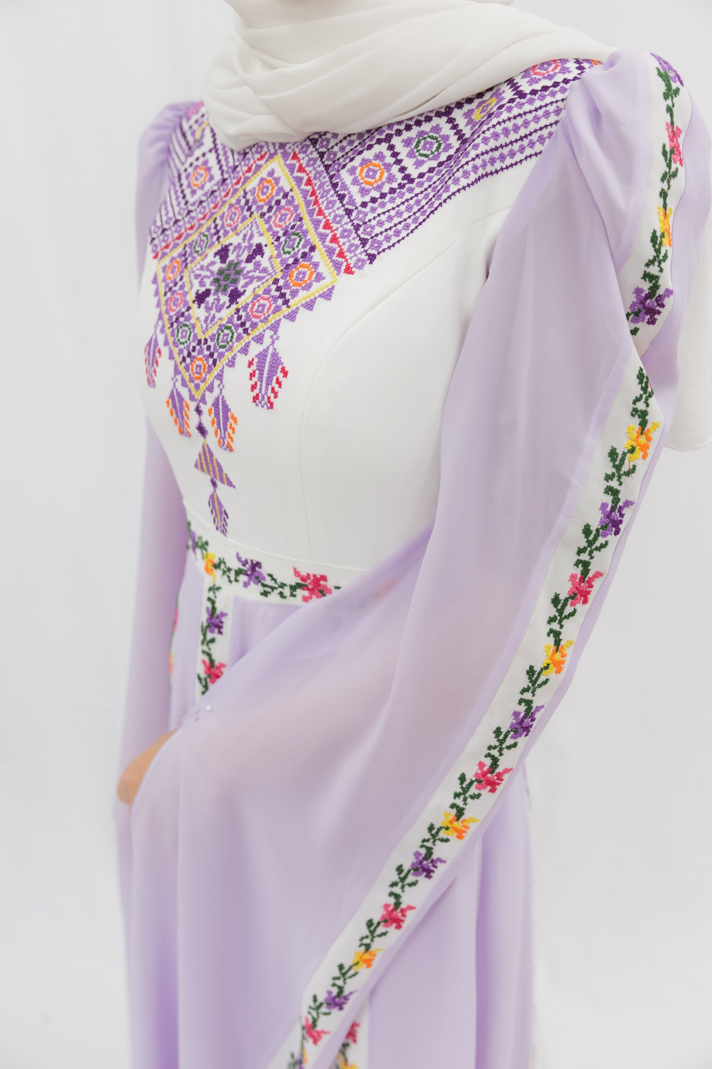 Handmade One-of-a-Kind Modern Tatreez Dress with Trailing Sleeves (Lavender Purple)