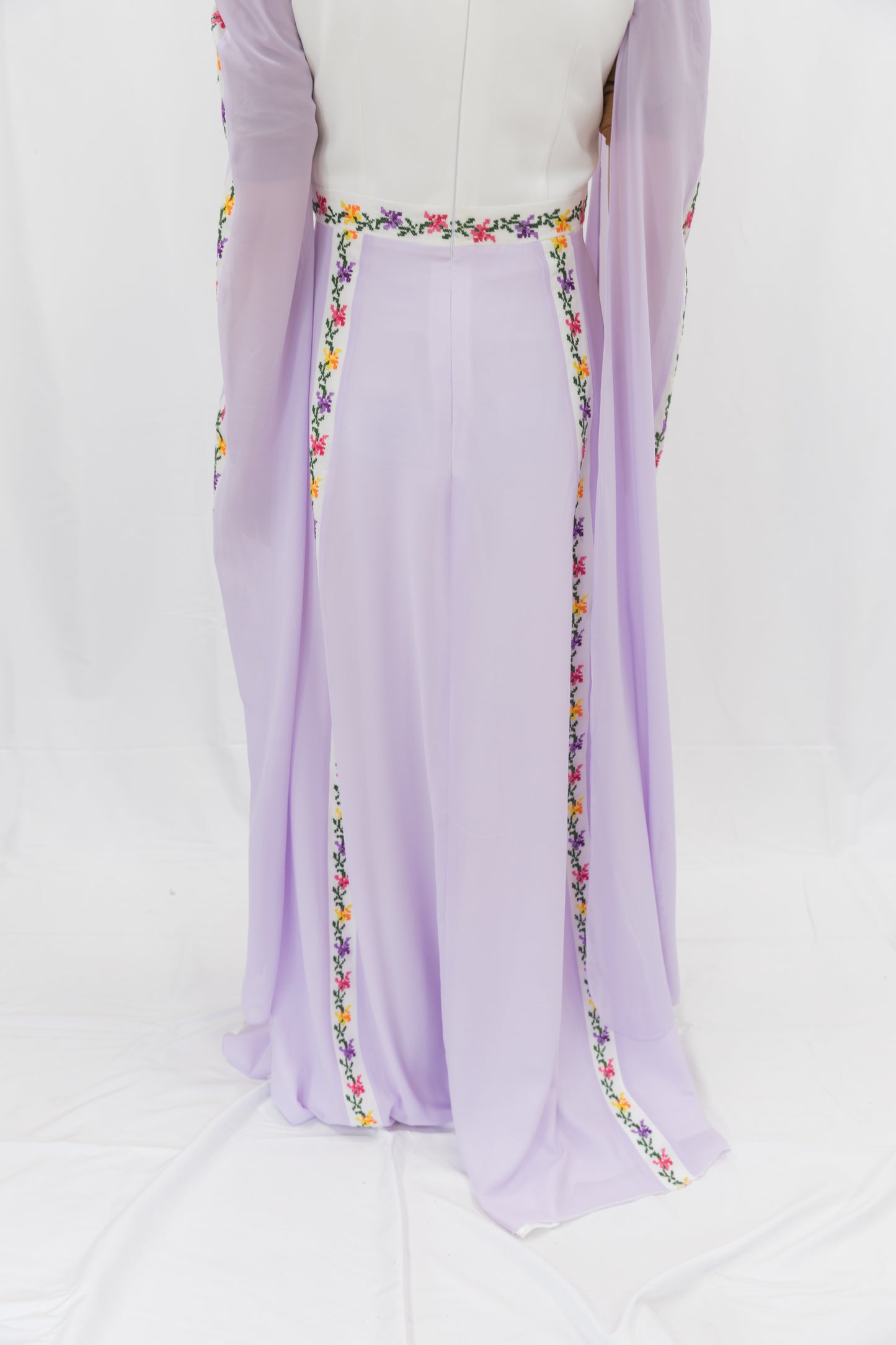 Handmade One-of-a-Kind Modern Tatreez Dress with Trailing Sleeves (Lavender Purple)