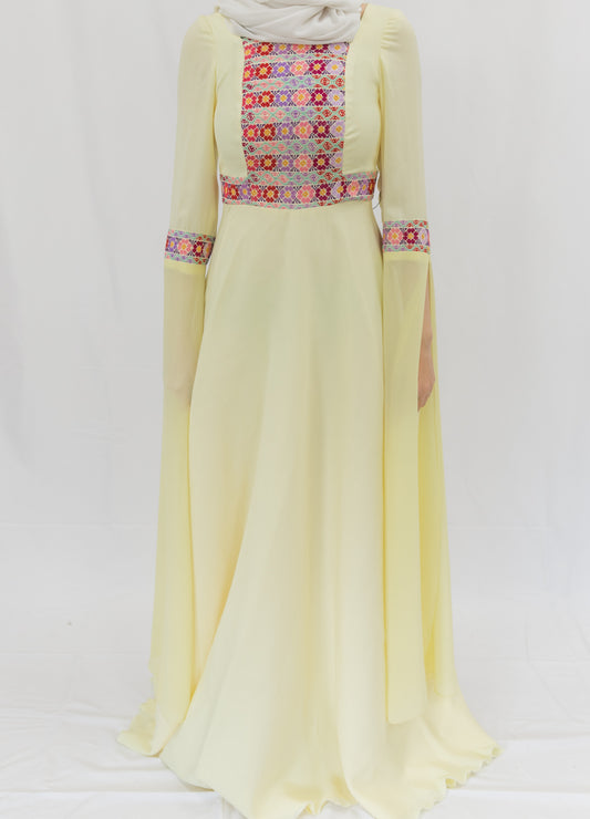 Handmade One-of-a-Kind Modern Tatreez Dress with Trailing Sleeves (Yellow)