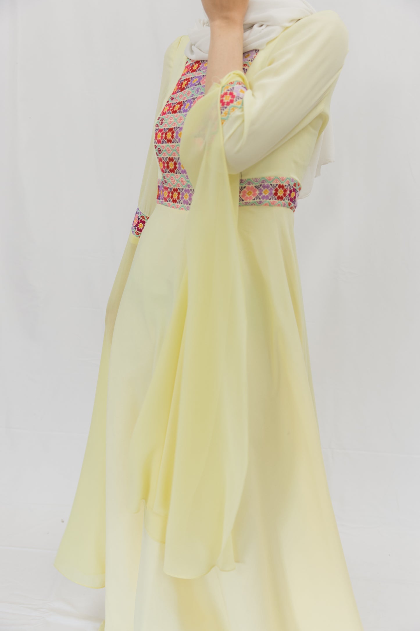 Handmade One-of-a-Kind Modern Tatreez Dress with Trailing Sleeves (Yellow)