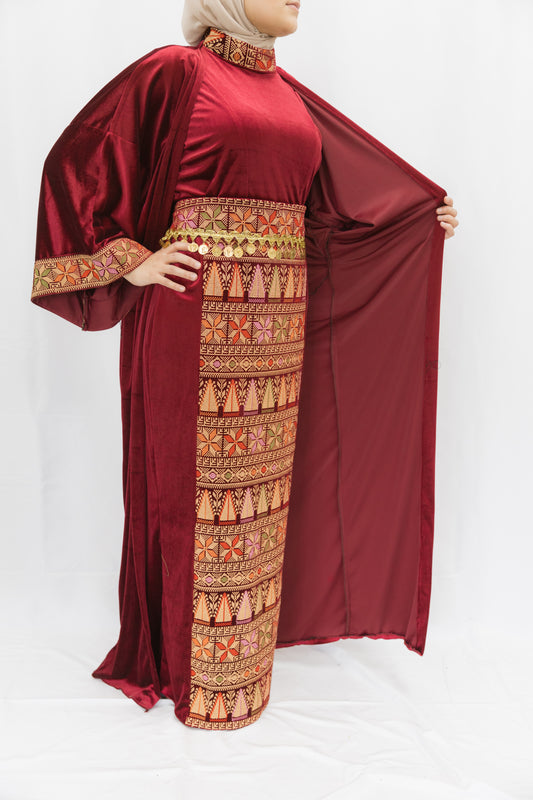 Velvet 3-piece Modern Tatreez Thobe with coin belt (Ruby)