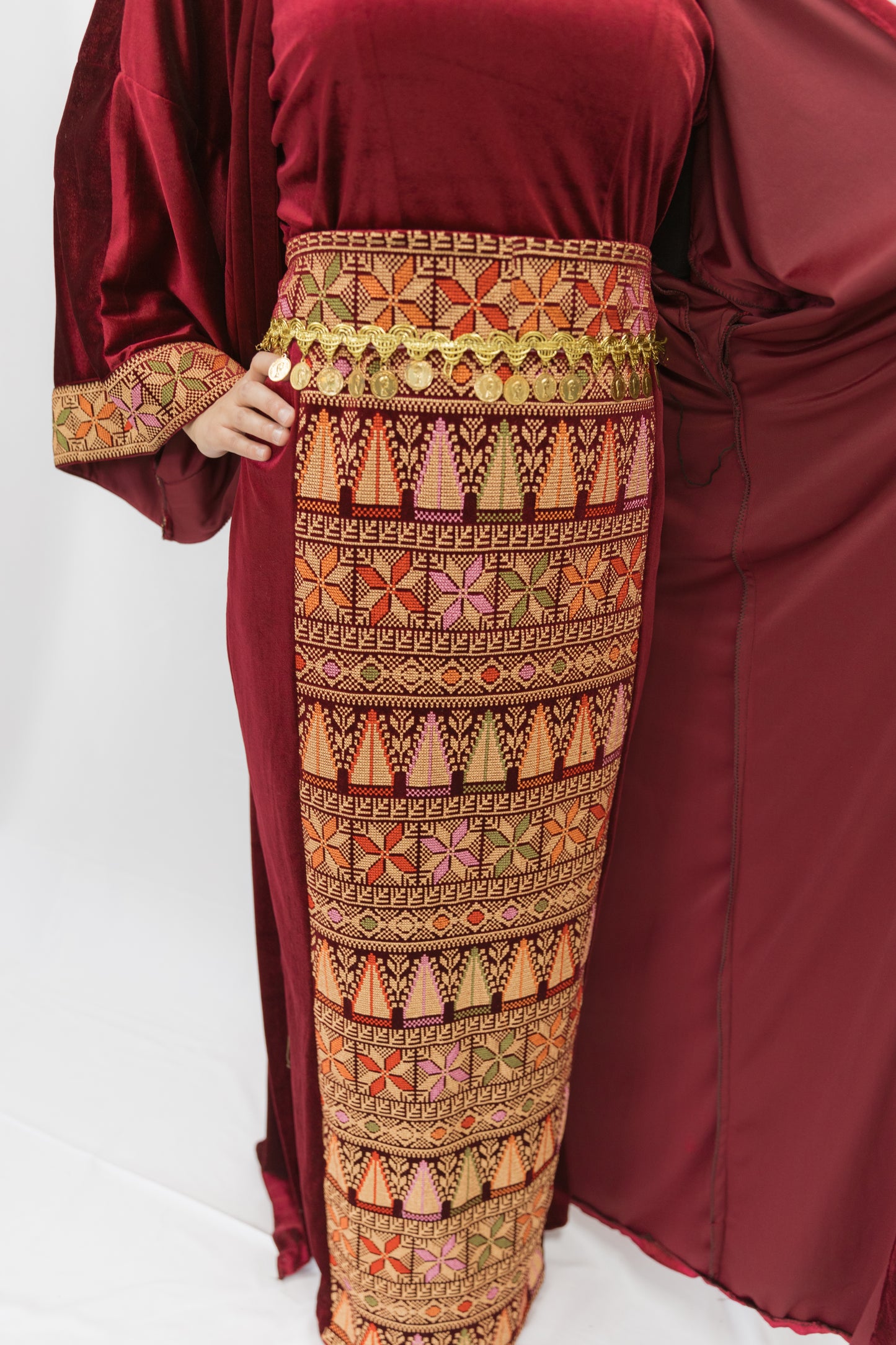 Velvet 3-piece Modern Tatreez Thobe with coin belt (Ruby)