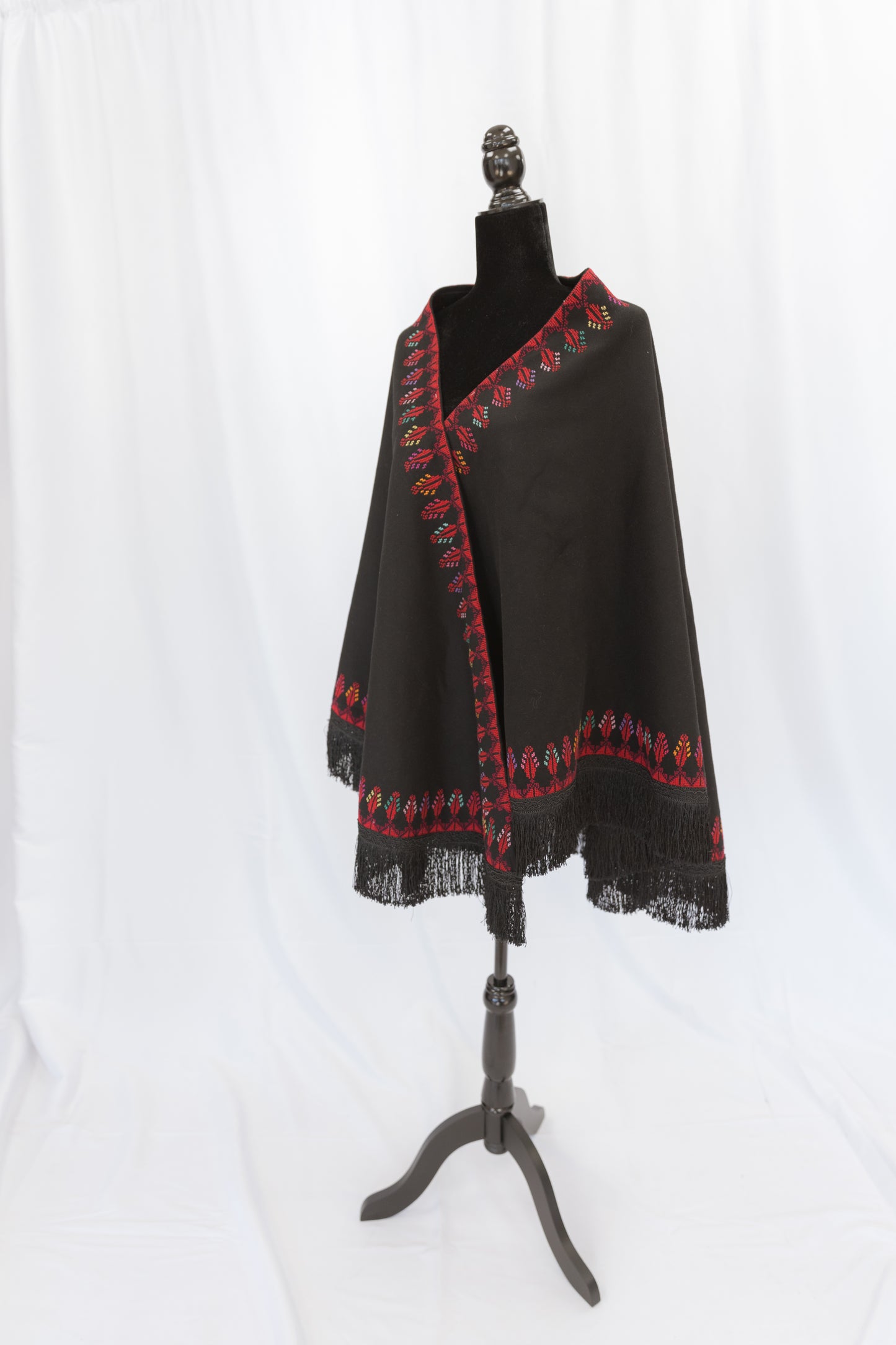 Hand-stitched Custom Black Shawl with multi-colored tatreez