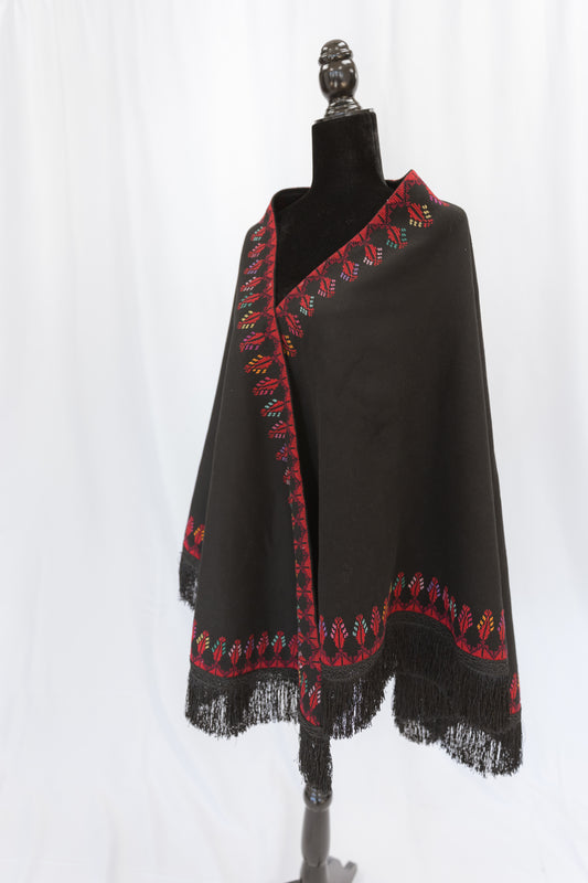 Hand-stitched Custom Black Shawl with multi-colored tatreez