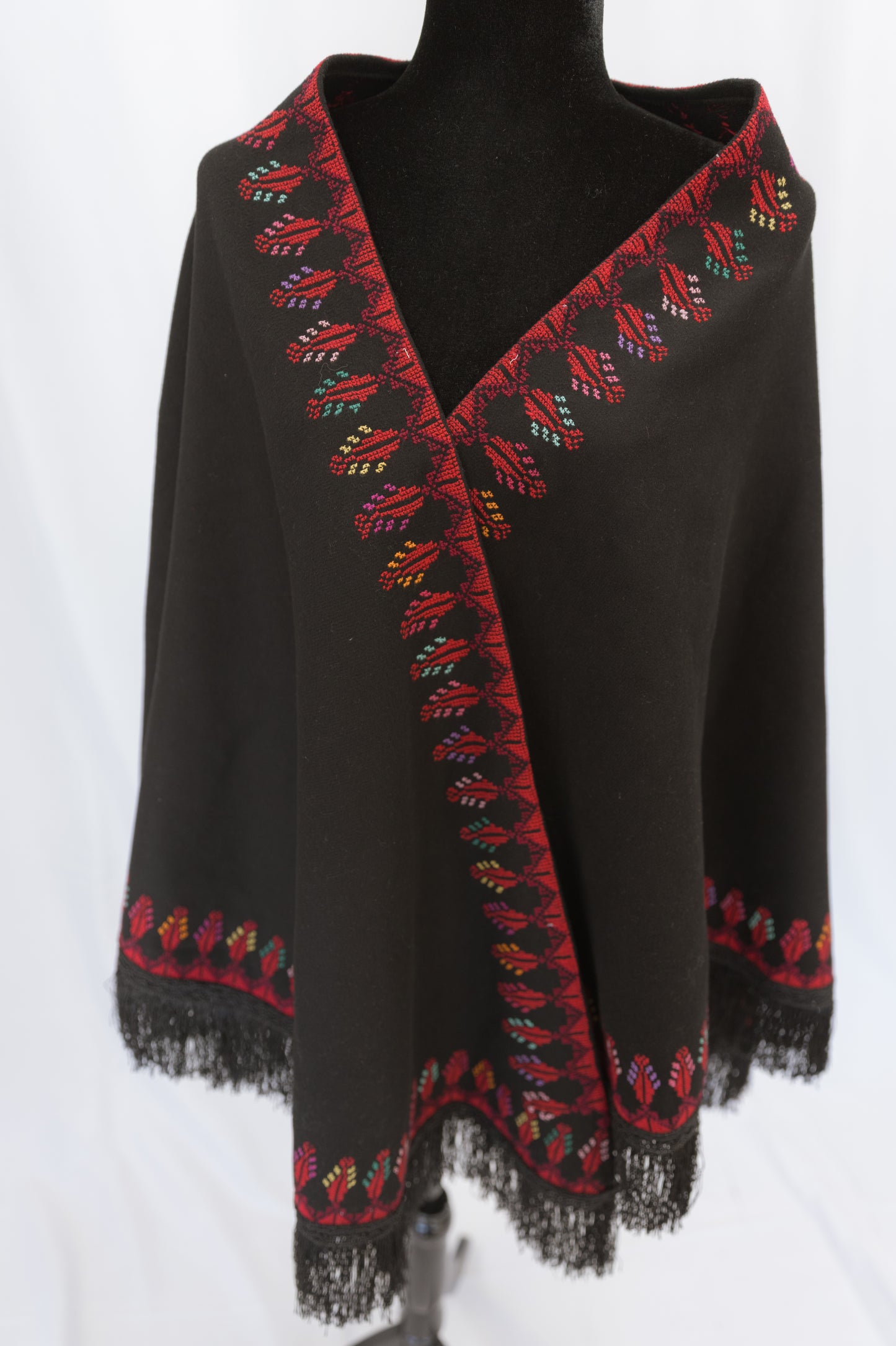 Hand-stitched Custom Black Shawl with multi-colored tatreez