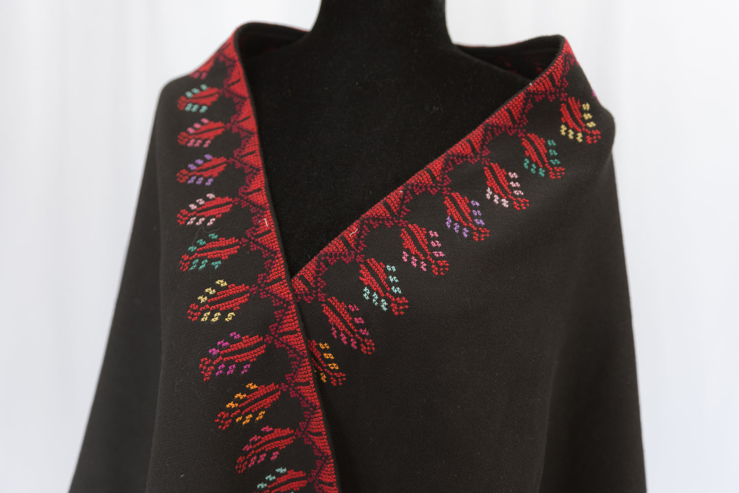 Hand-stitched Custom Black Shawl with multi-colored tatreez