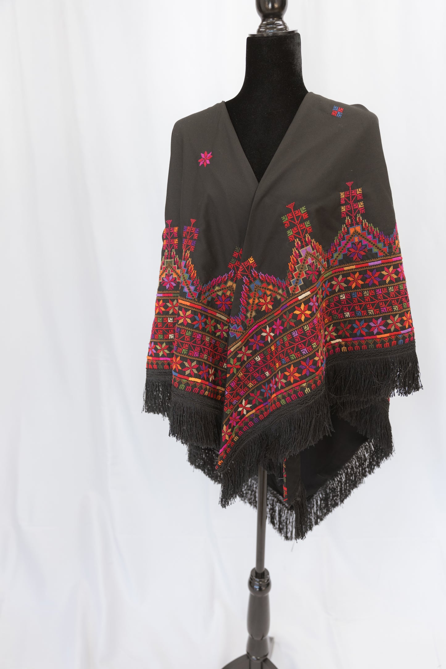 Hand-stitched One-of-a-Kind Custom Black Shawl with multi-colored tatreez