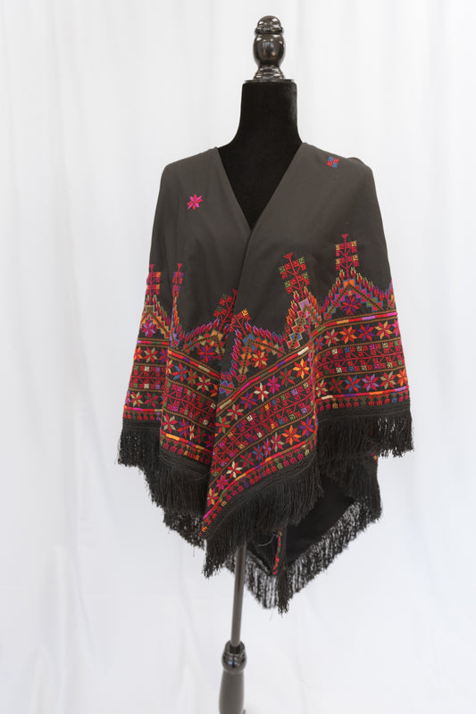 Hand-stitched One-of-a-Kind Custom Black Shawl with multi-colored tatreez