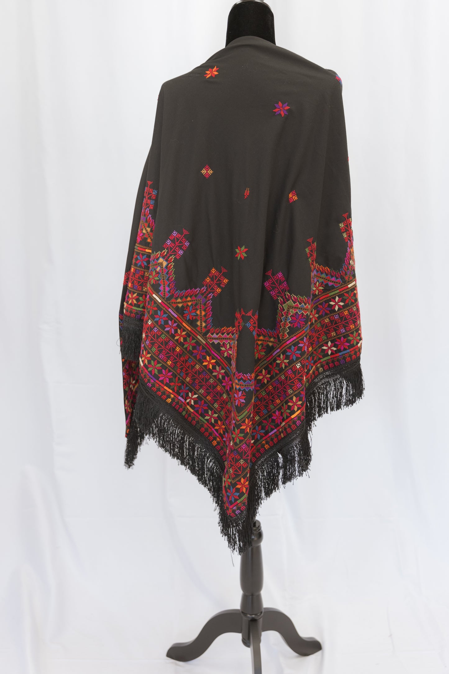 Hand-stitched One-of-a-Kind Custom Black Shawl with multi-colored tatreez