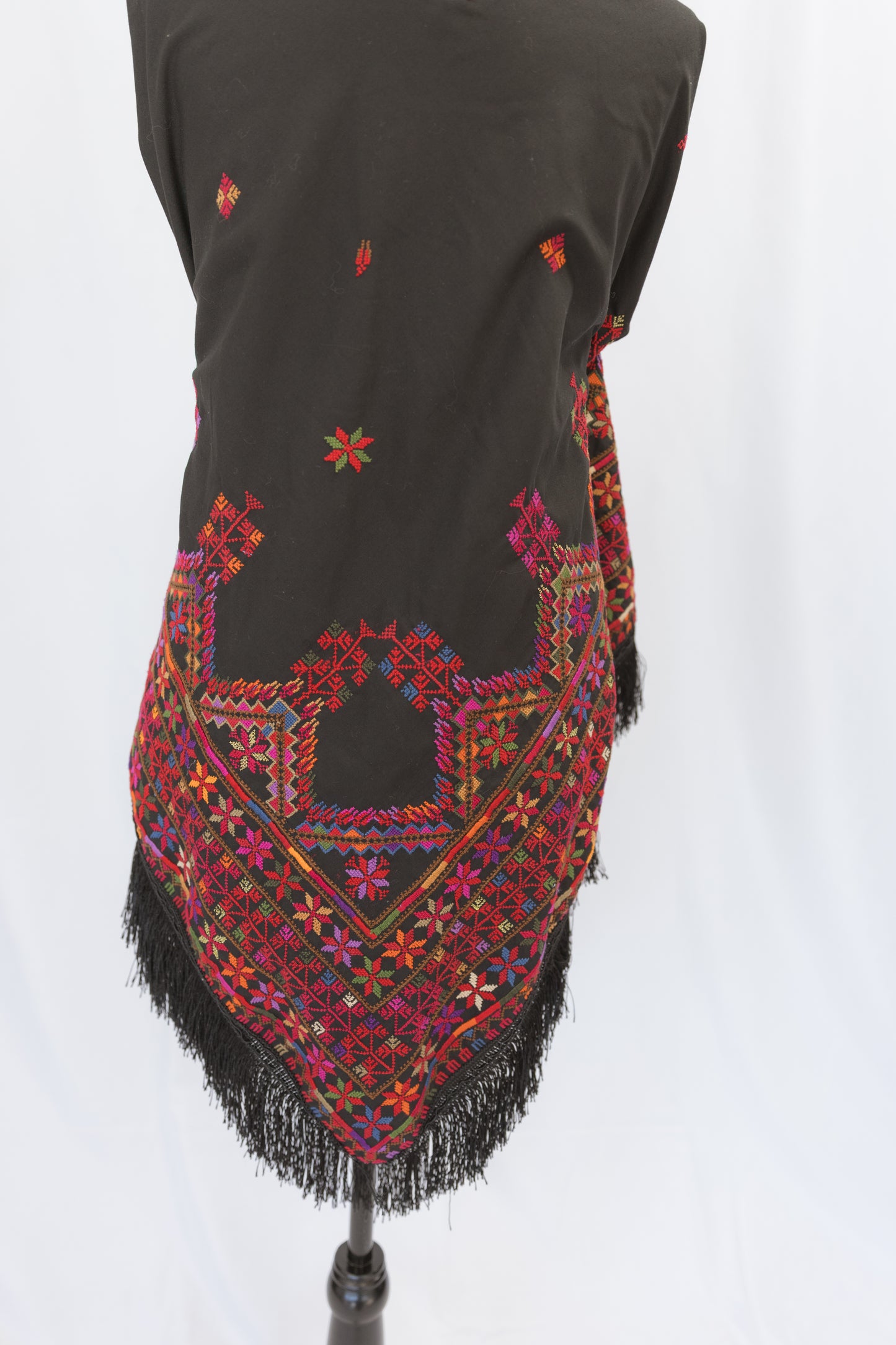 Hand-stitched One-of-a-Kind Custom Black Shawl with multi-colored tatreez