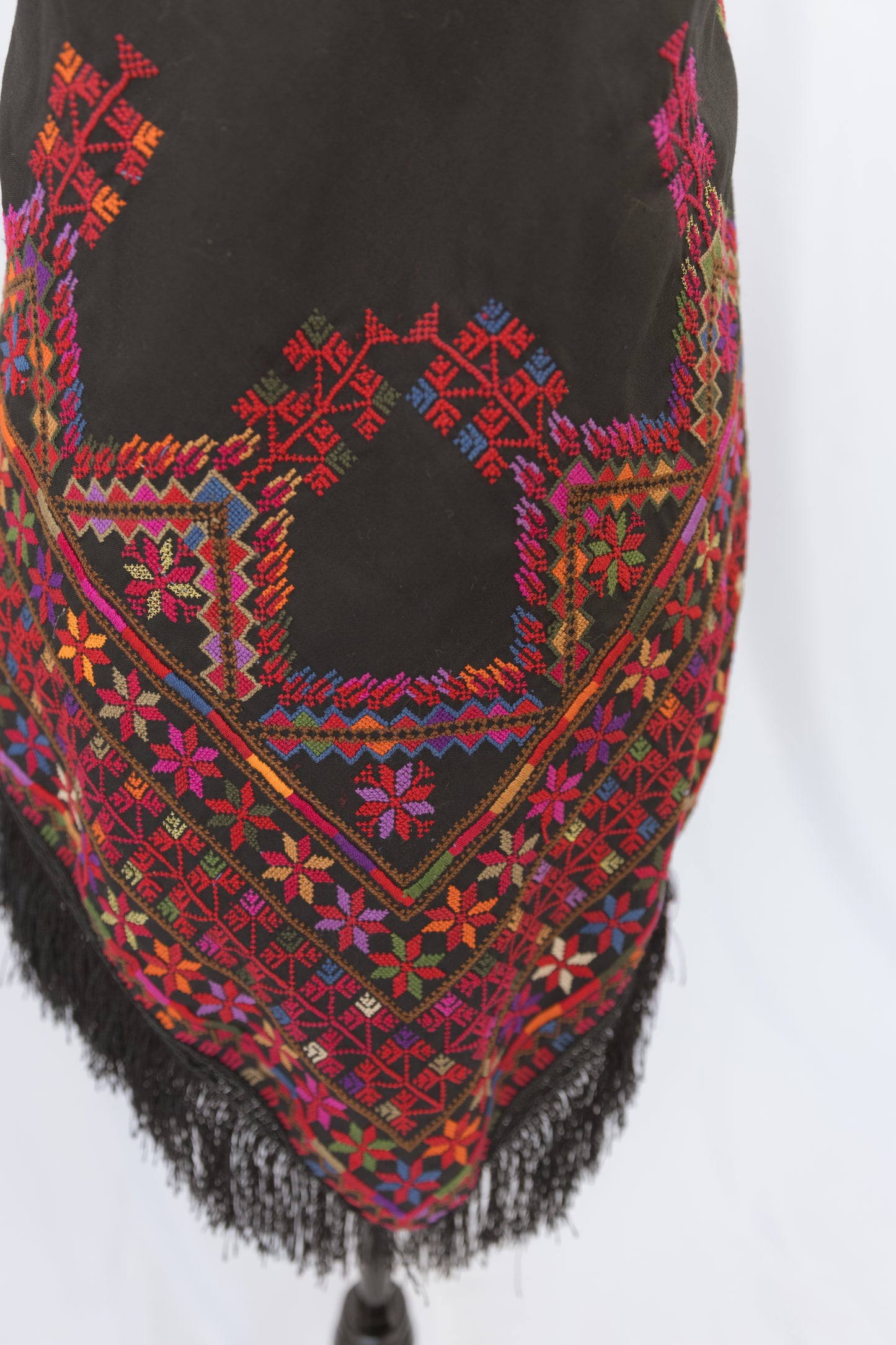 Hand-stitched One-of-a-Kind Custom Black Shawl with multi-colored tatreez