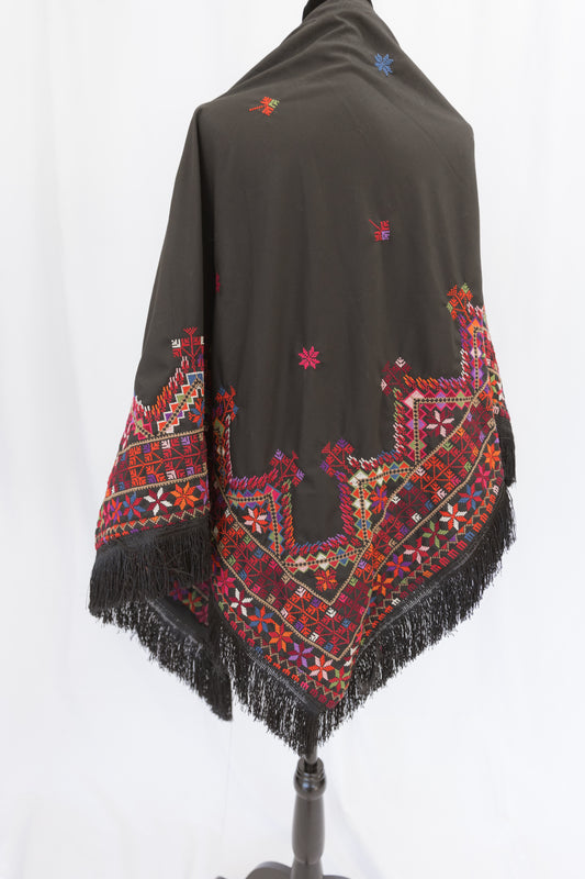 Hand-stitched Custom Black Shawl with multi-colored tatreez