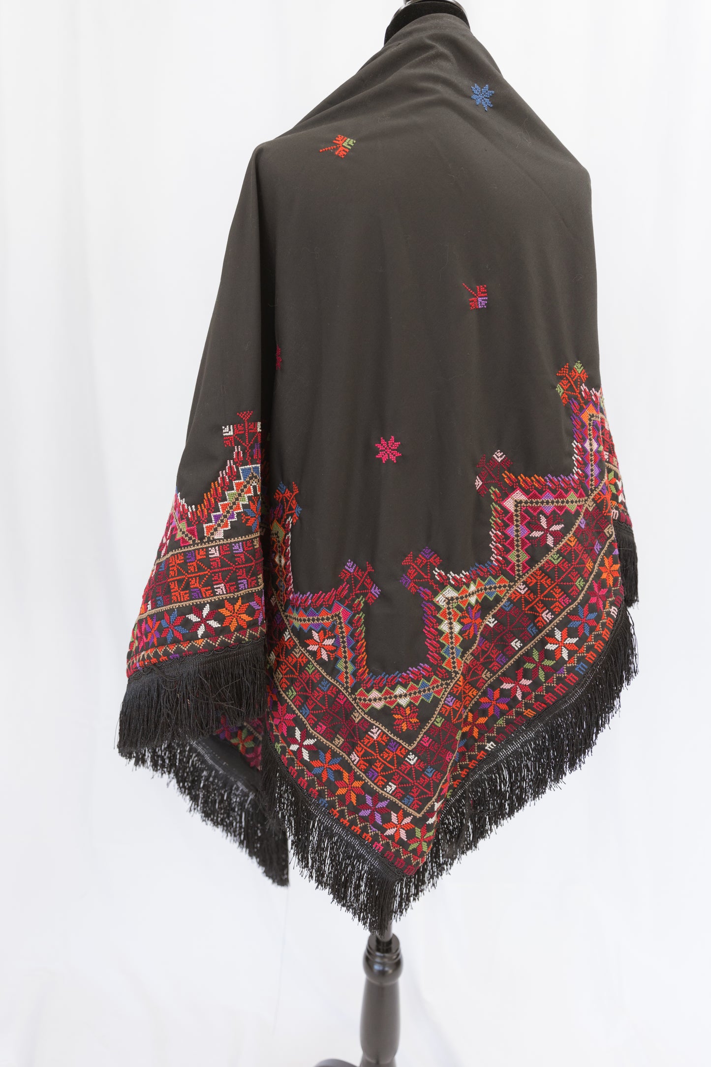 Hand-stitched Custom Black Shawl with multi-colored tatreez