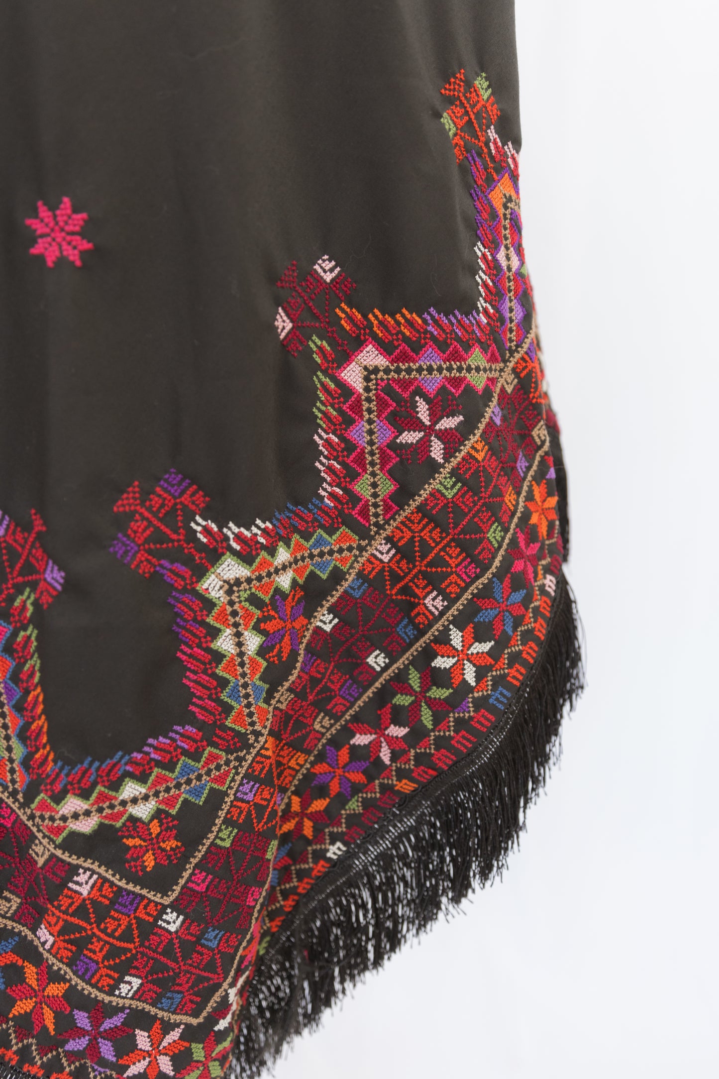 Hand-stitched Custom Black Shawl with multi-colored tatreez