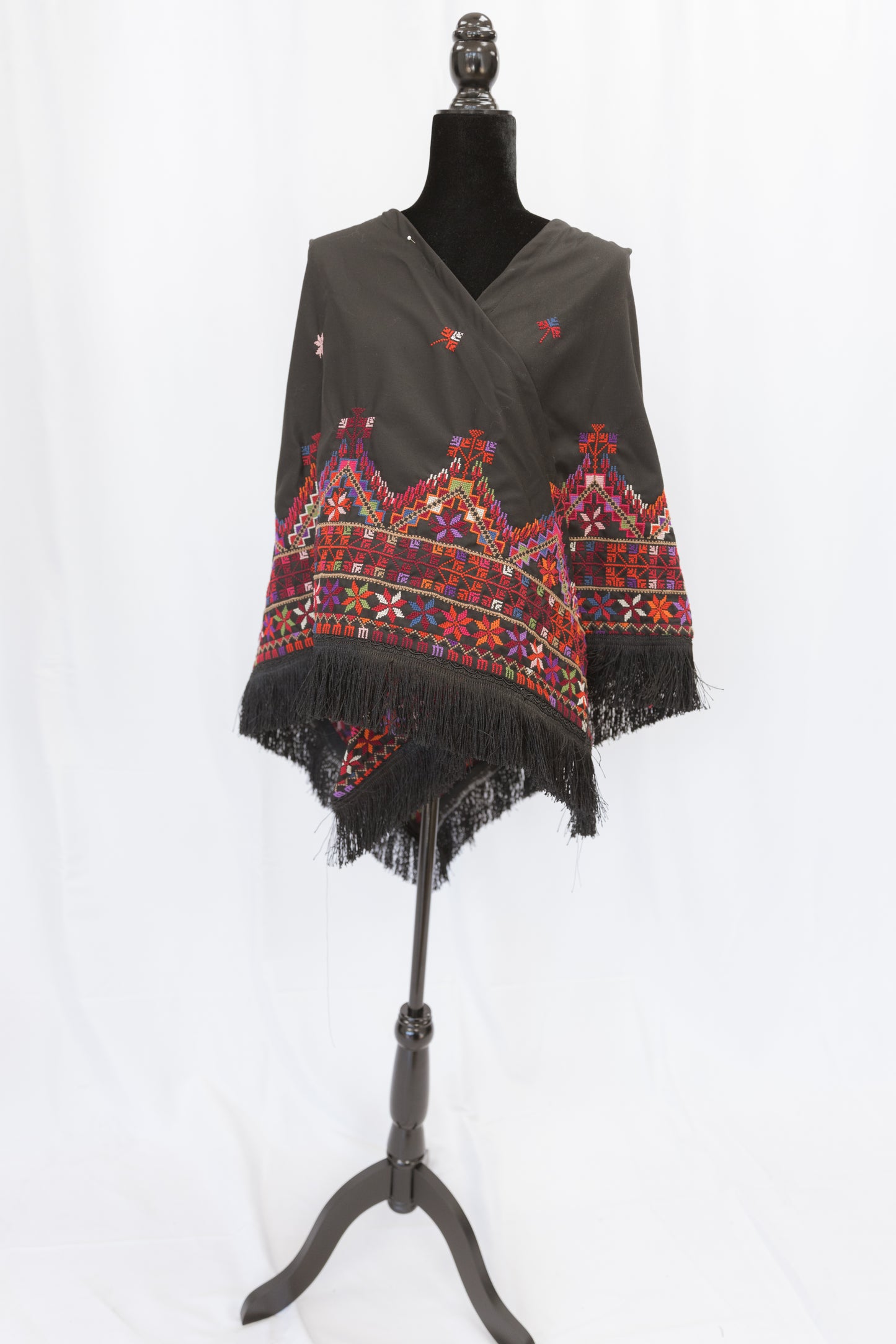 Hand-stitched Custom Black Shawl with multi-colored tatreez