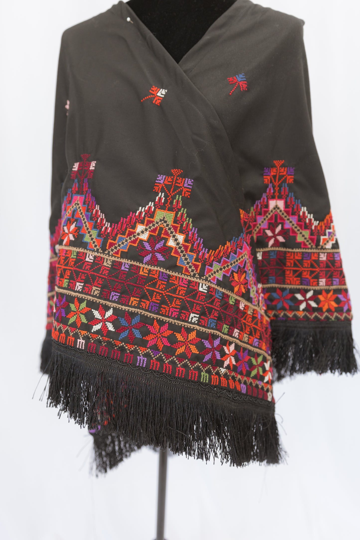 Hand-stitched Custom Black Shawl with multi-colored tatreez