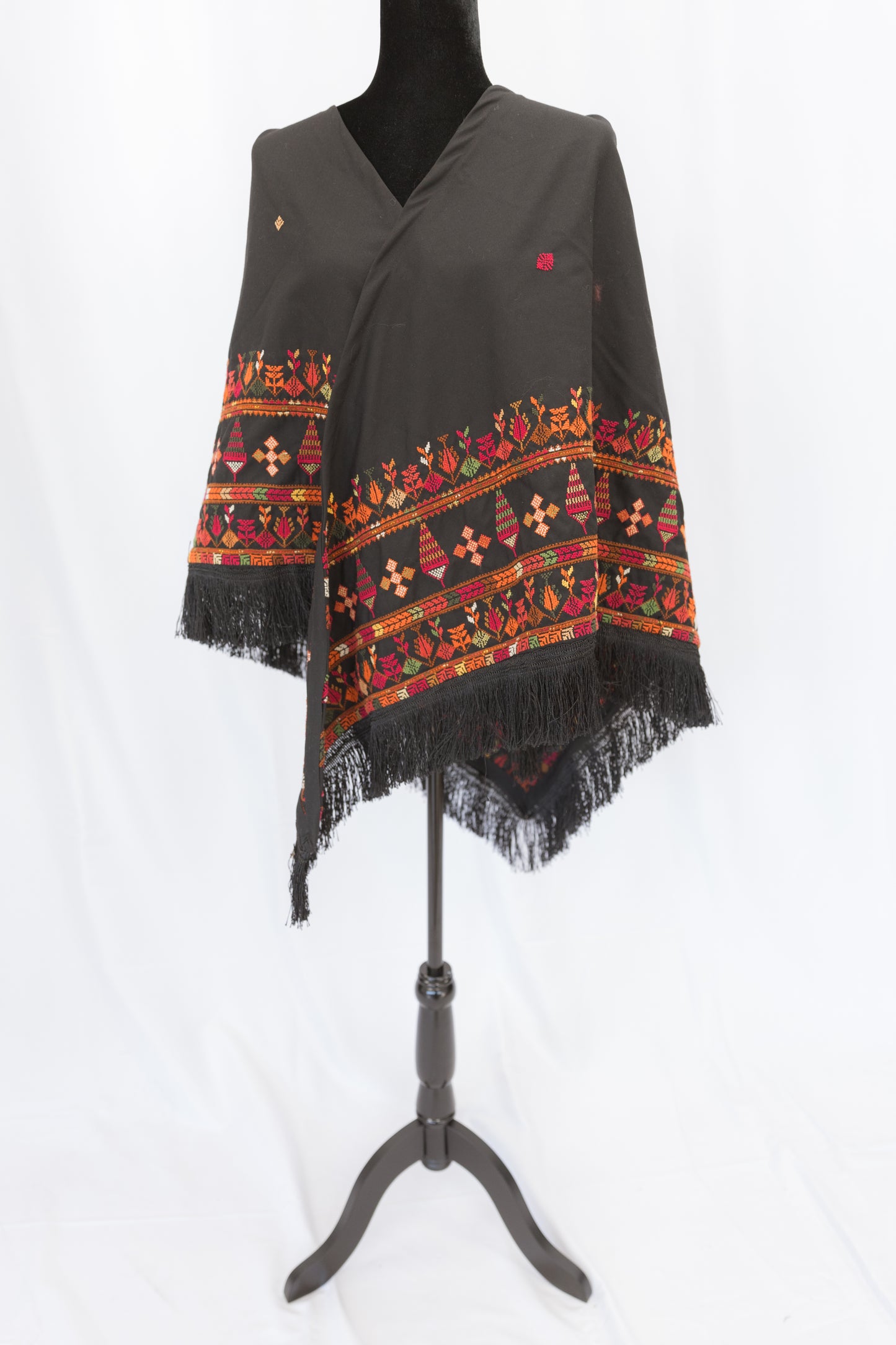 Hand-stitched Custom Black Shawl with multi-colored tatreez