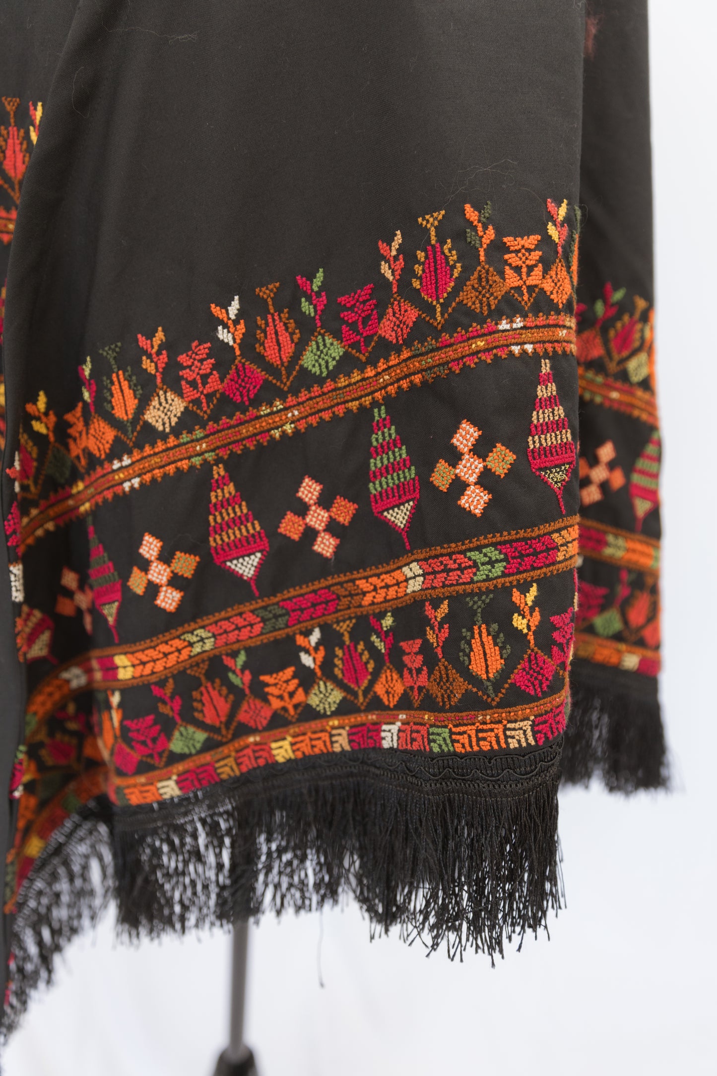 Hand-stitched Custom Black Shawl with multi-colored tatreez