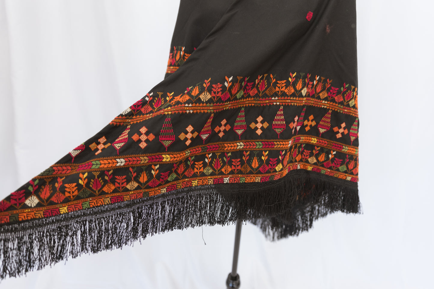 Hand-stitched Custom Black Shawl with multi-colored tatreez