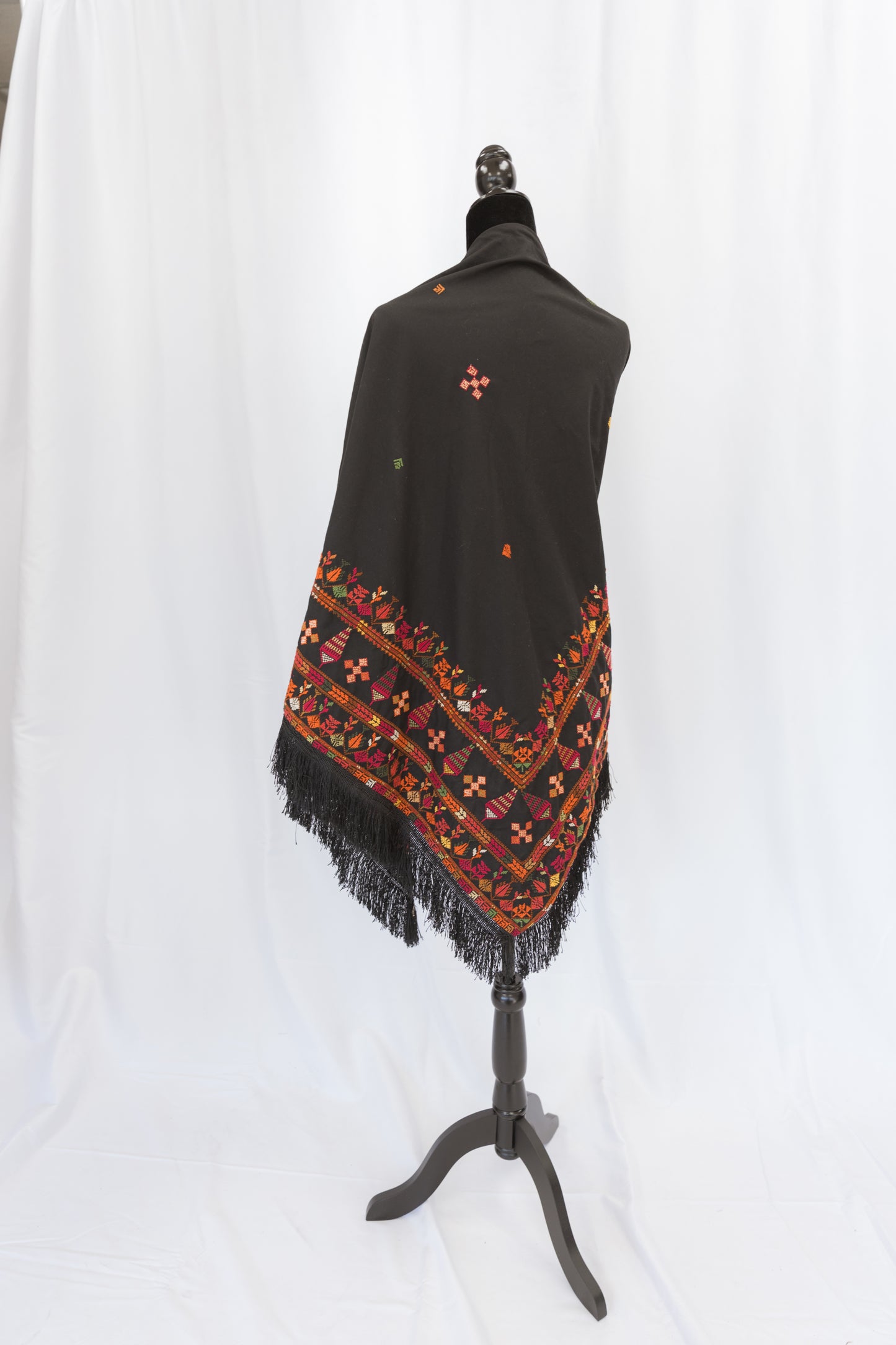 Hand-stitched Custom Black Shawl with multi-colored tatreez