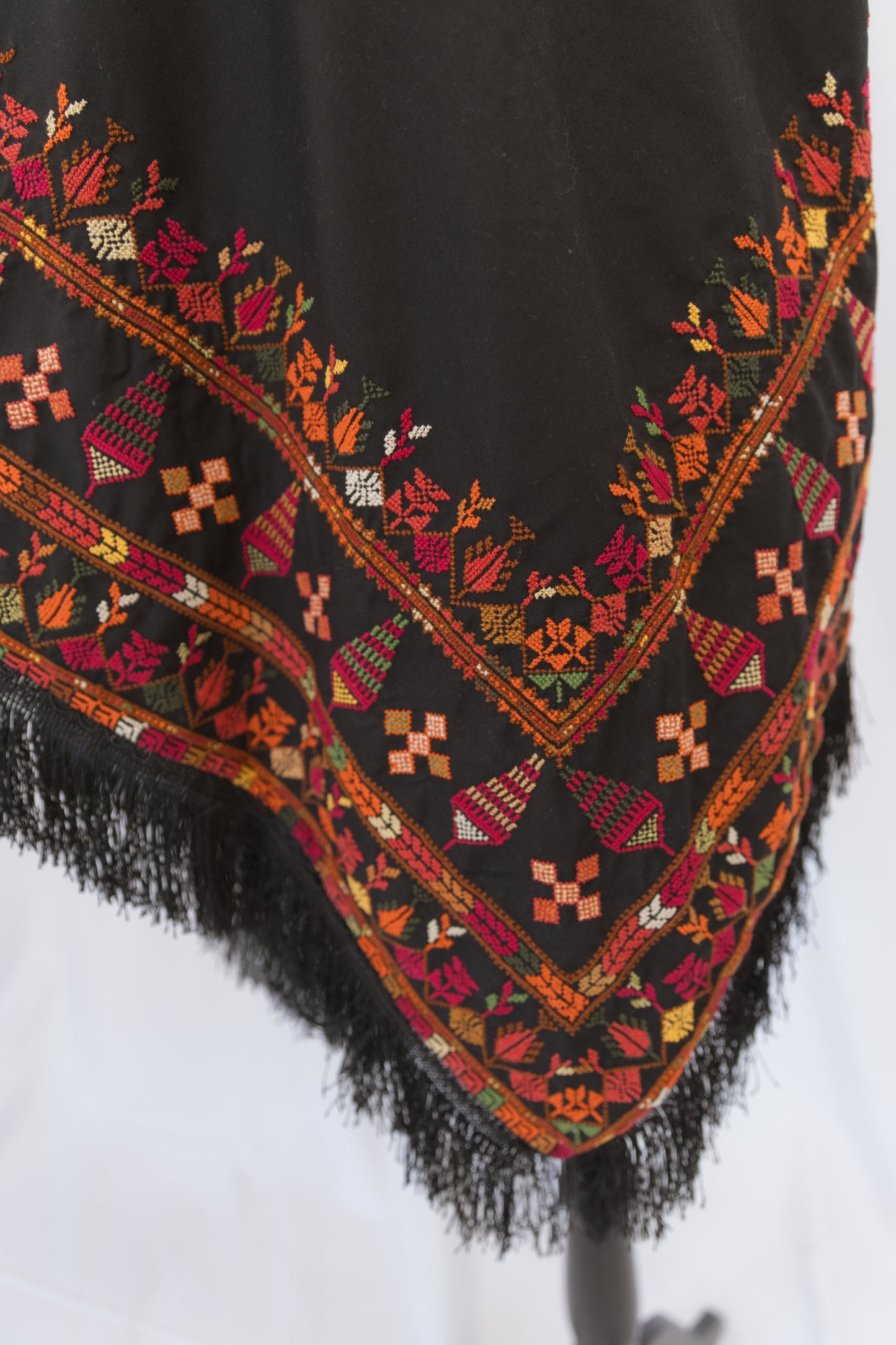 Hand-stitched Custom Black Shawl with multi-colored tatreez