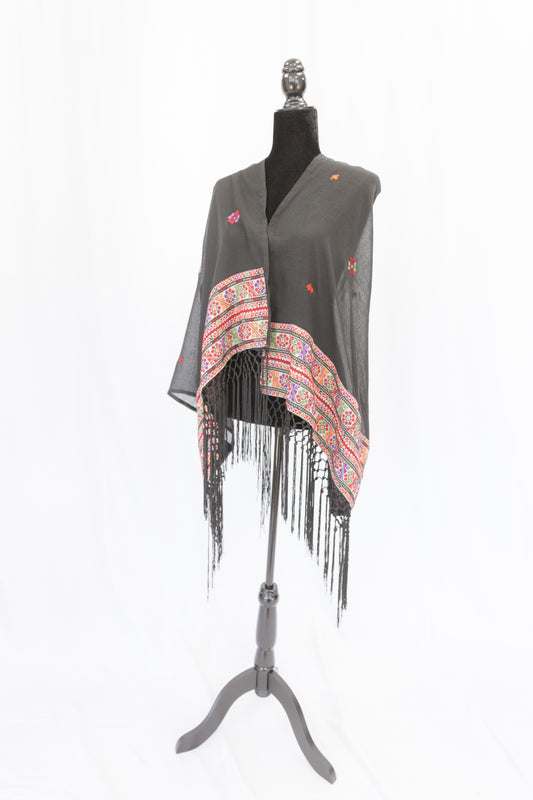 Hand-stitched Custom Black Light Shawl with multi-colored tatreez