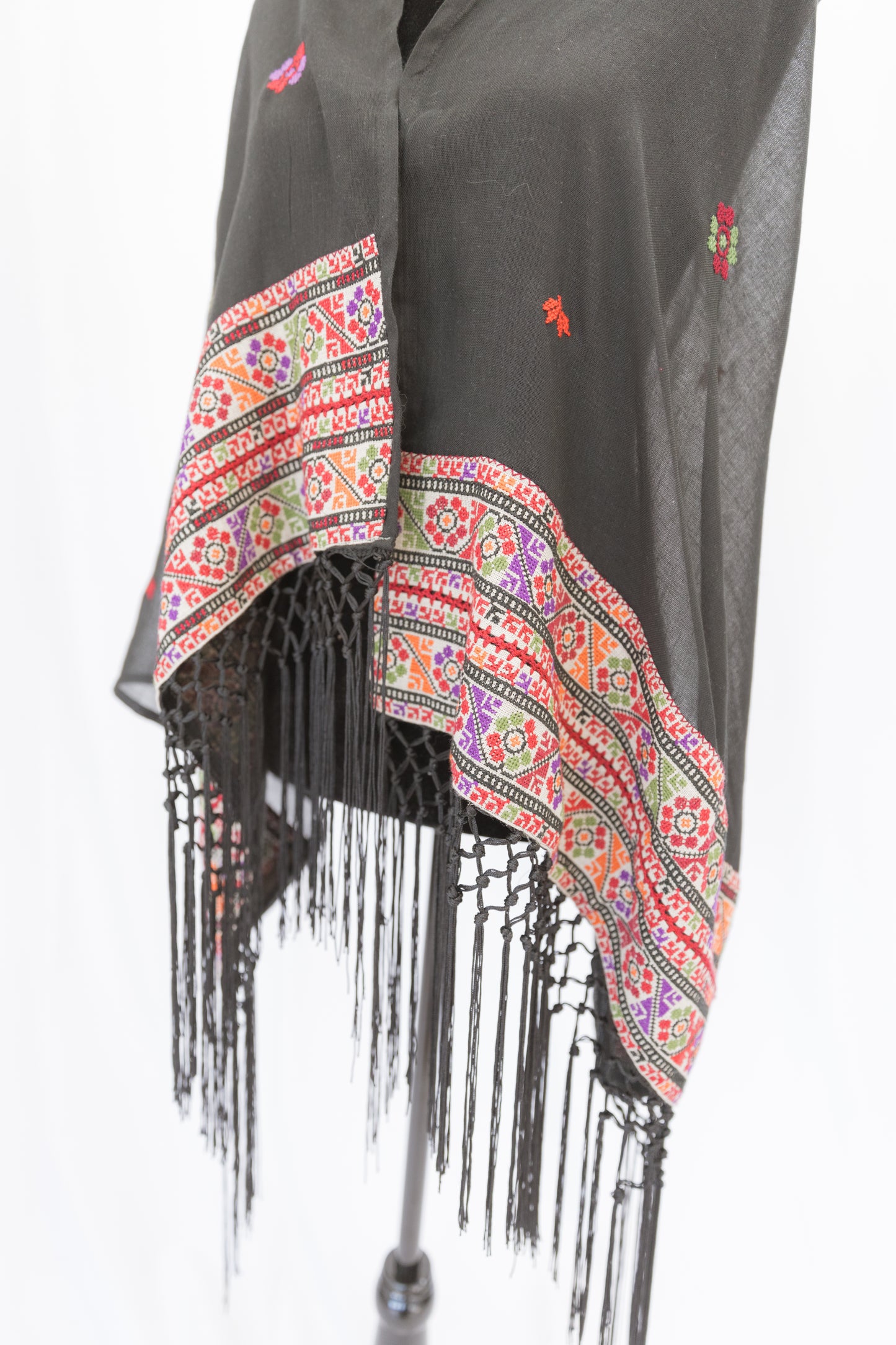 Hand-stitched Custom Black Light Shawl with multi-colored tatreez