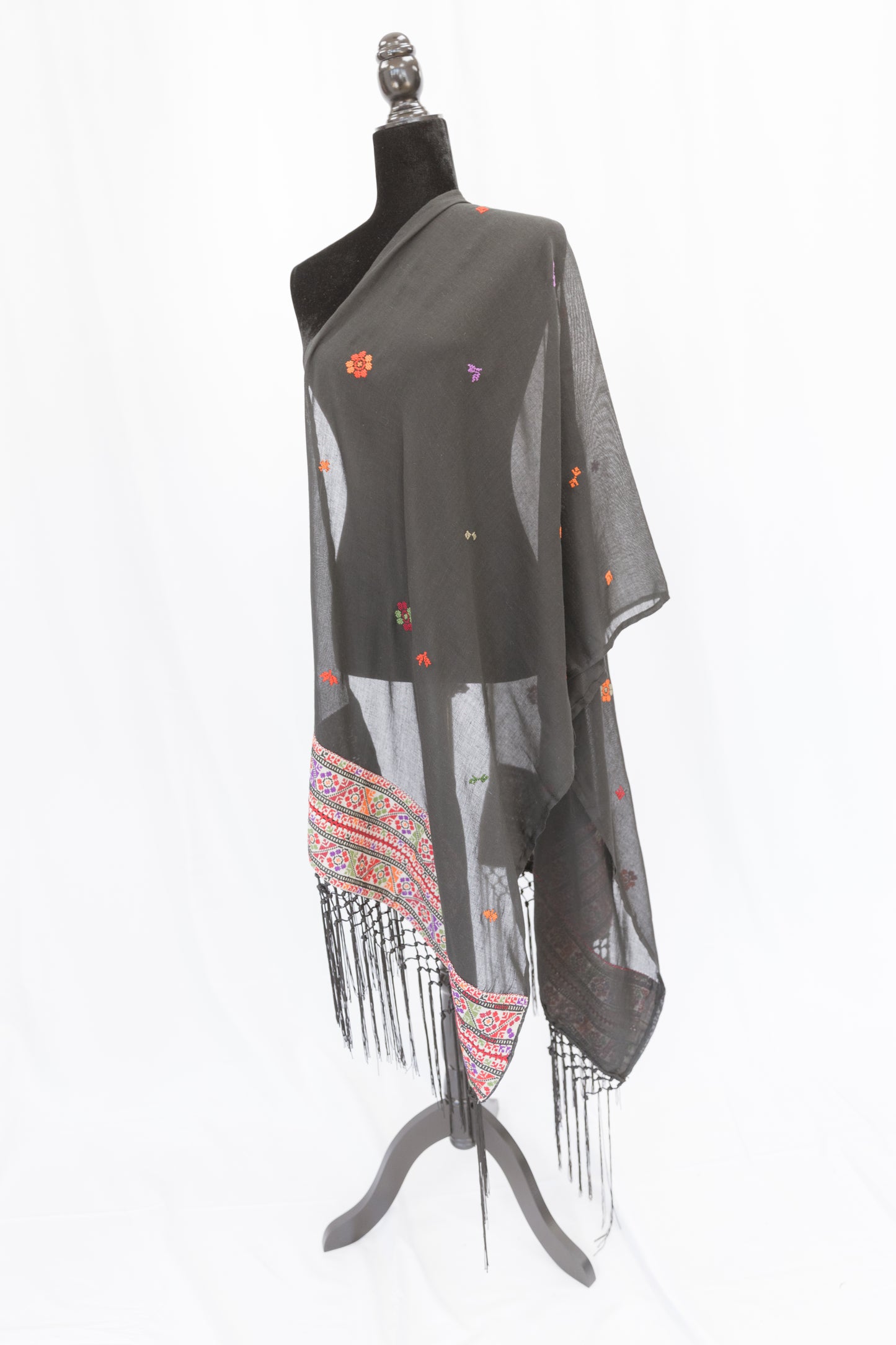 Hand-stitched Custom Black Light Shawl with multi-colored tatreez