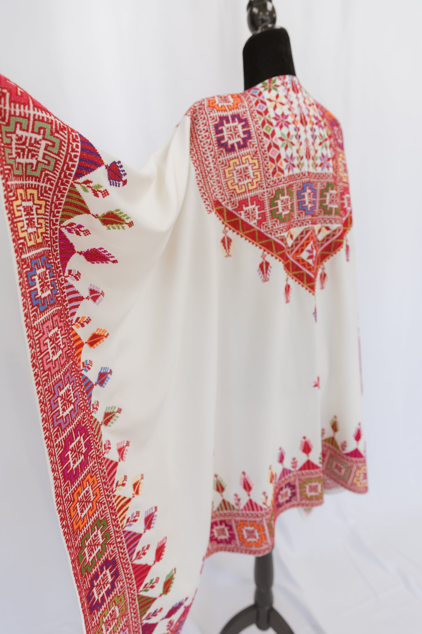 Hand-Stitched One-of-a-Kind Cream Shawl lined with tatreez