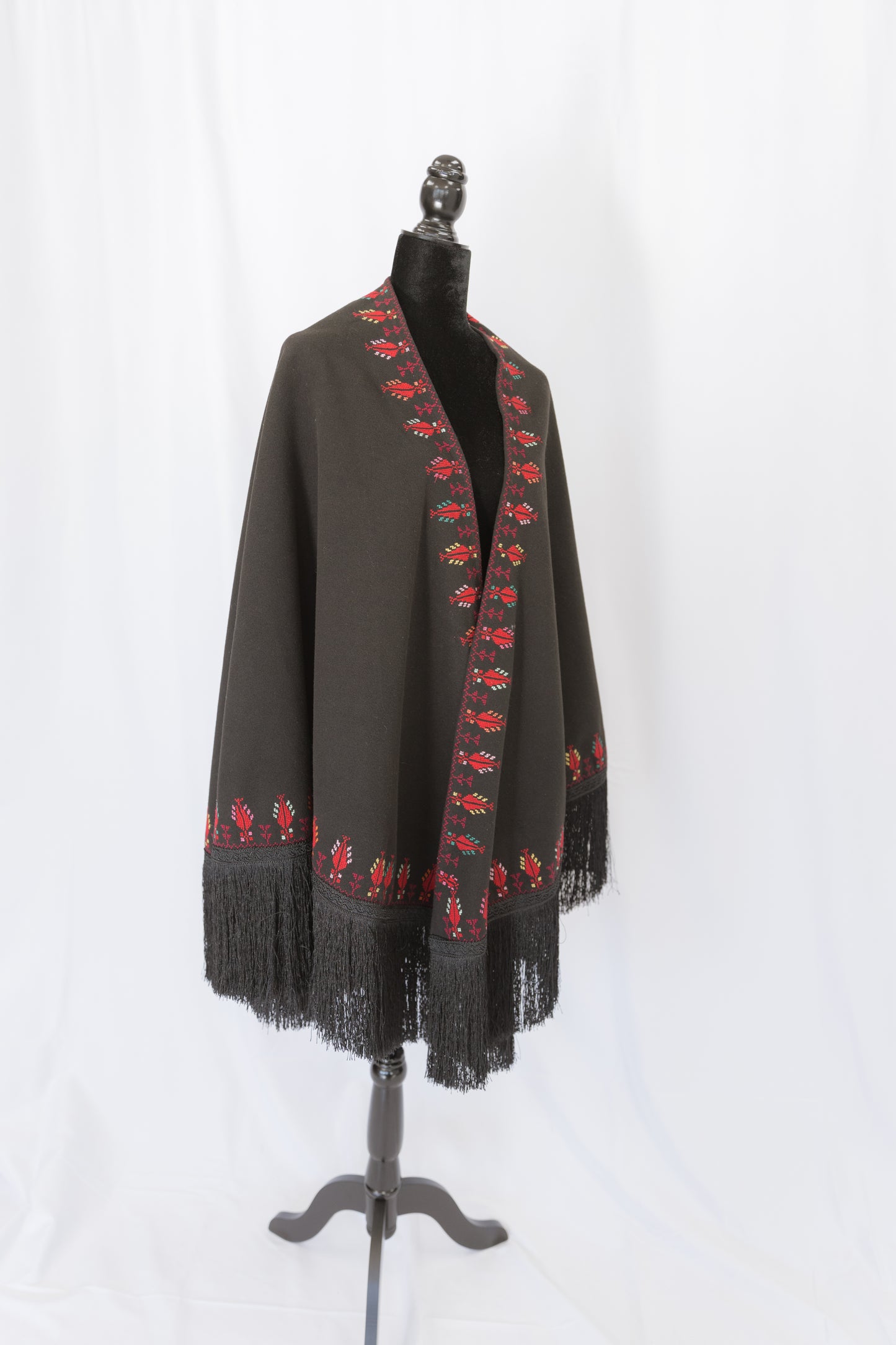 Handmade Black Shawl lined with tatreez-red & blue