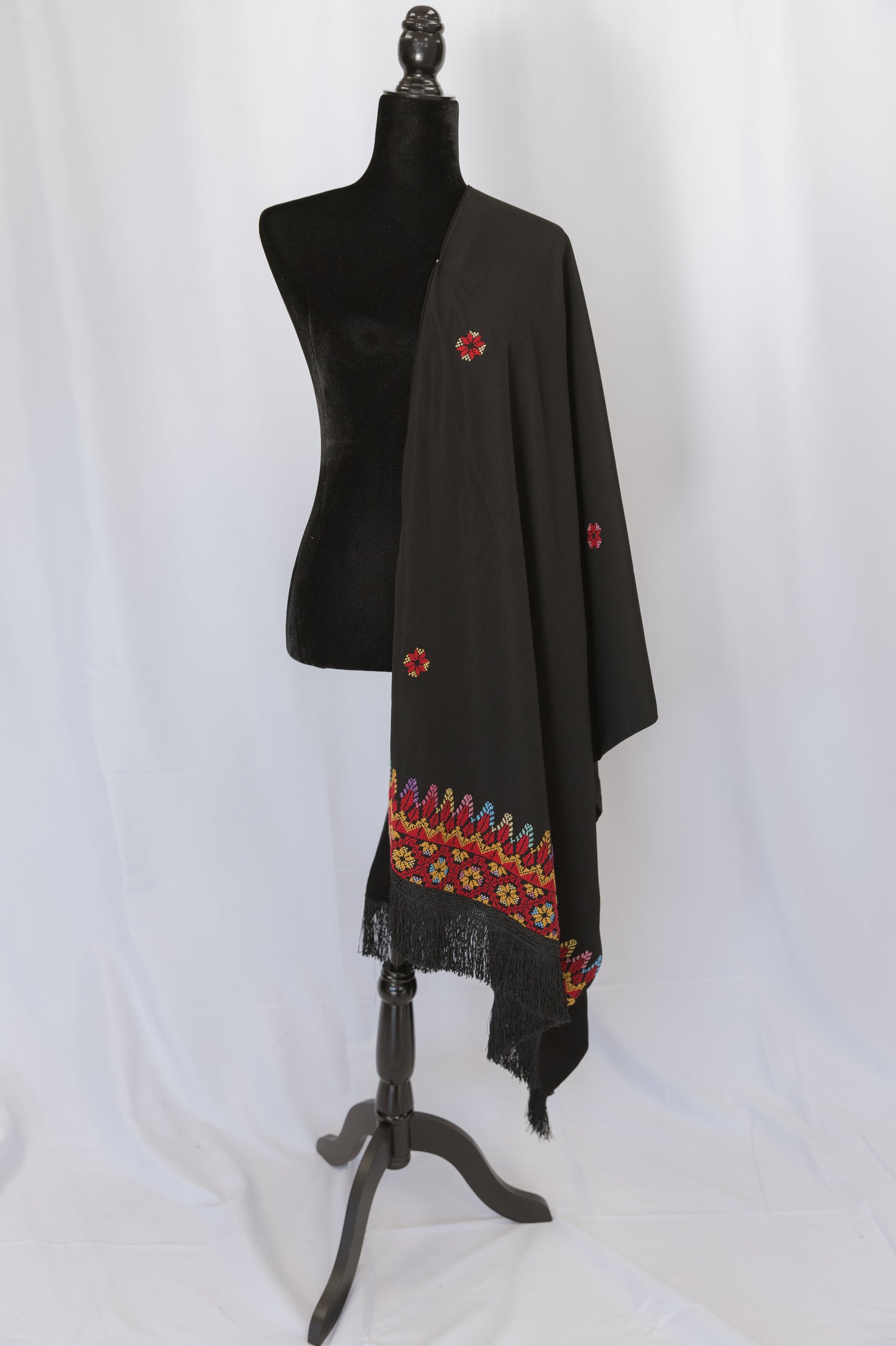 Handmade One-of-a-Kind Black Scarf with Red & Multi-color Tatreez