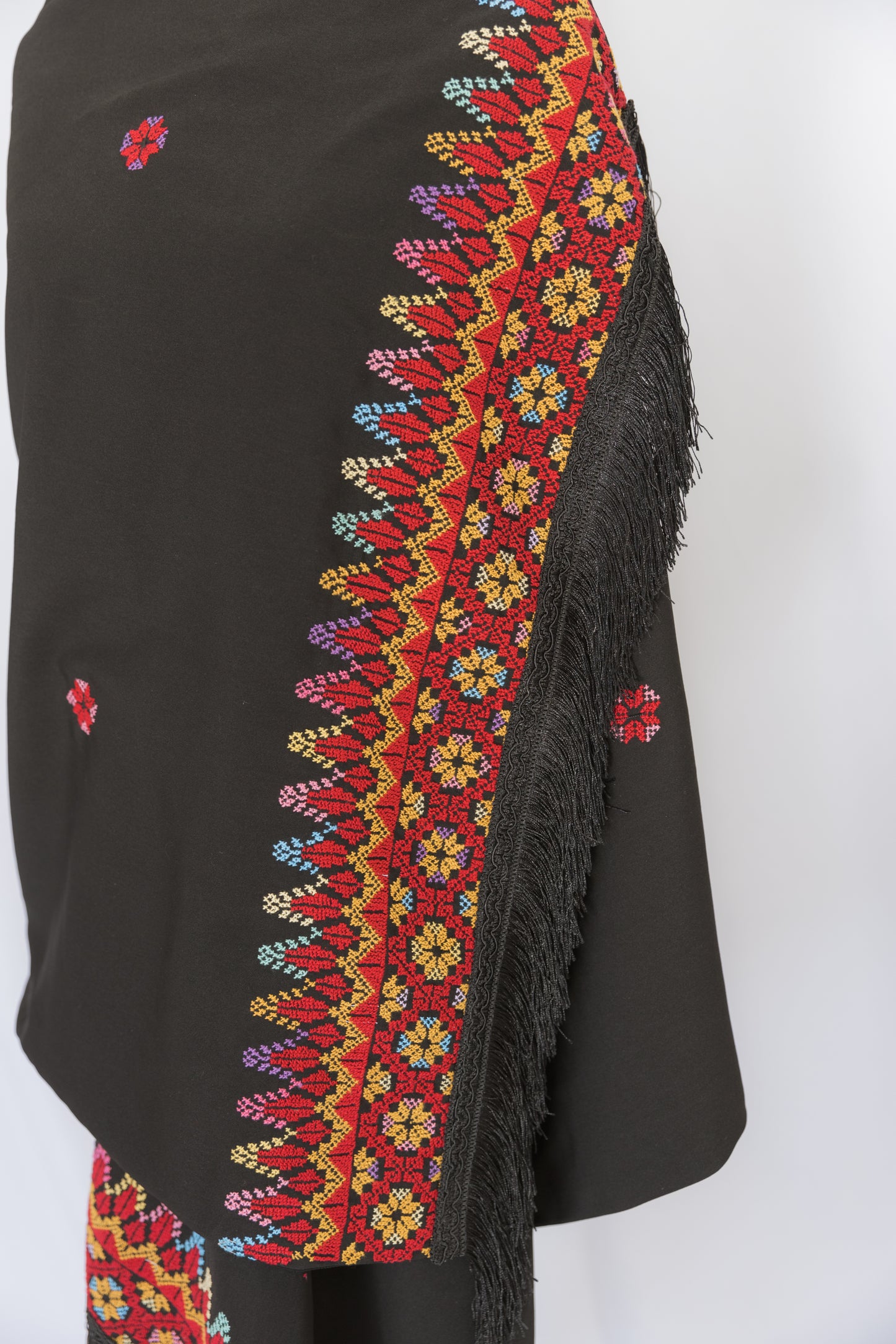 Handmade One-of-a-Kind Black Scarf with Red & Multi-color Tatreez