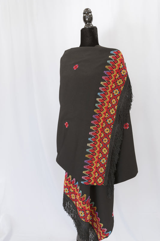 Handmade One-of-a-Kind Black Scarf with Red & Multi-color Tatreez